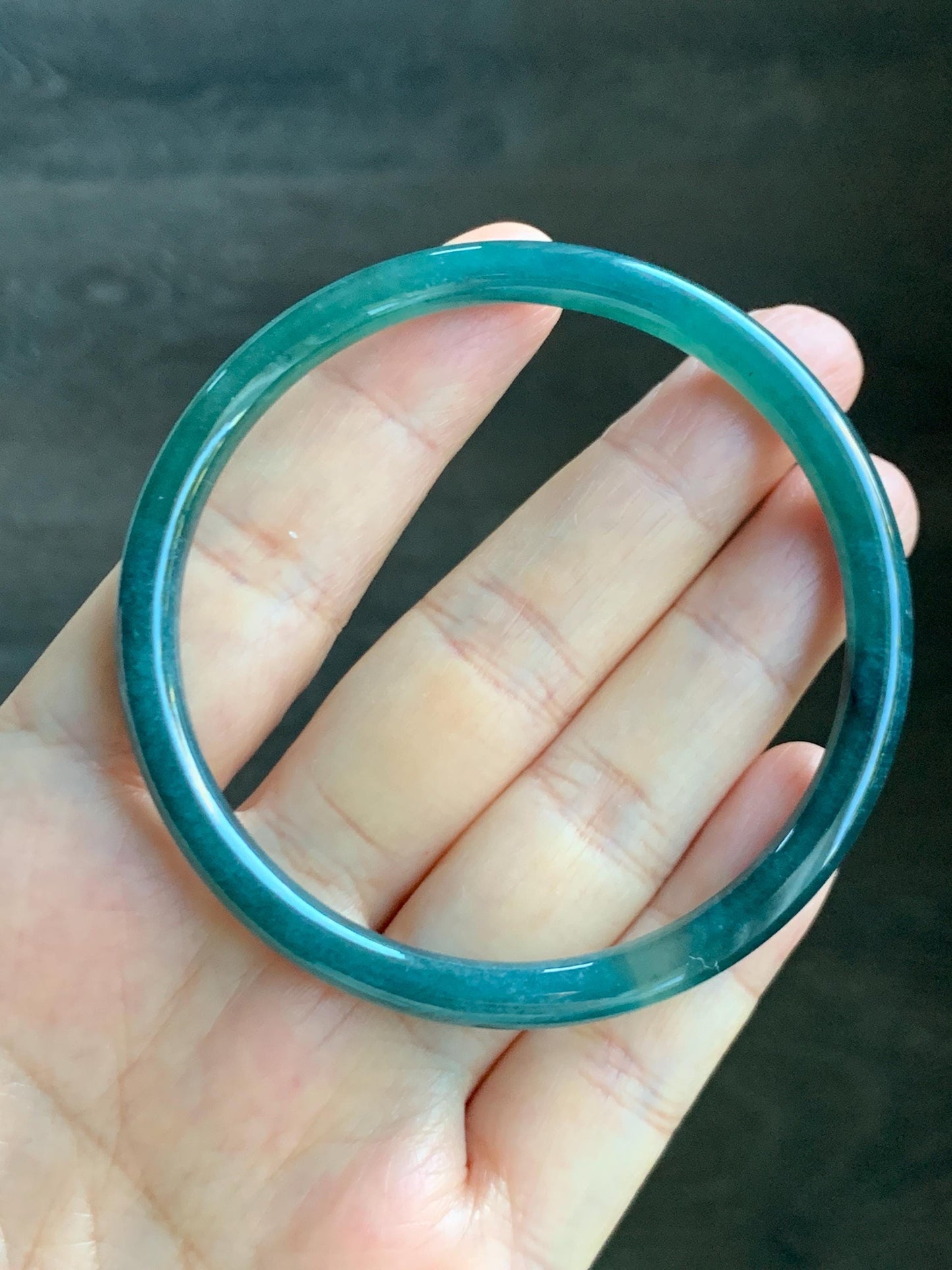 Certified Natural Grade A Guatemalan Icy Highly Translucent Dark Teal Blue Jade Jadeite Slim Bangle 58.7mm 7.25” 17.4g 天然冰胶危深蓝绿翡翠细圆条手镯 708