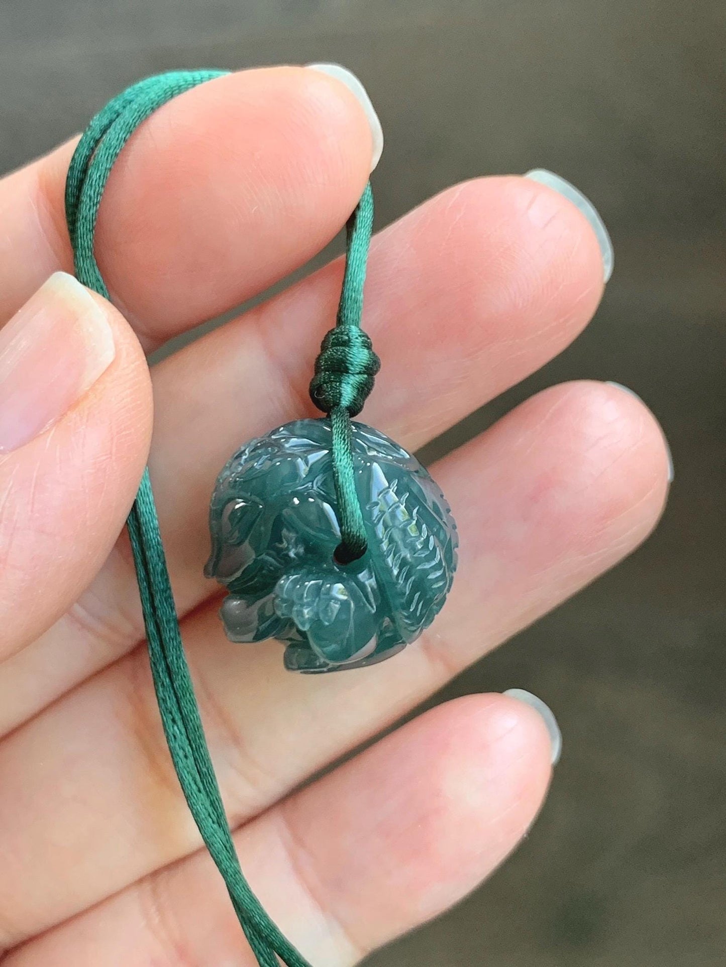 Natural Grade A Guatemalan Icy Translucent Dark Teal Blue Jade Jadeite Baby Dragon Ball Pendant Rope Necklace 26” 天然老种冰胶危深蓝翡翠龙宝宝吊坠 LBZ264B