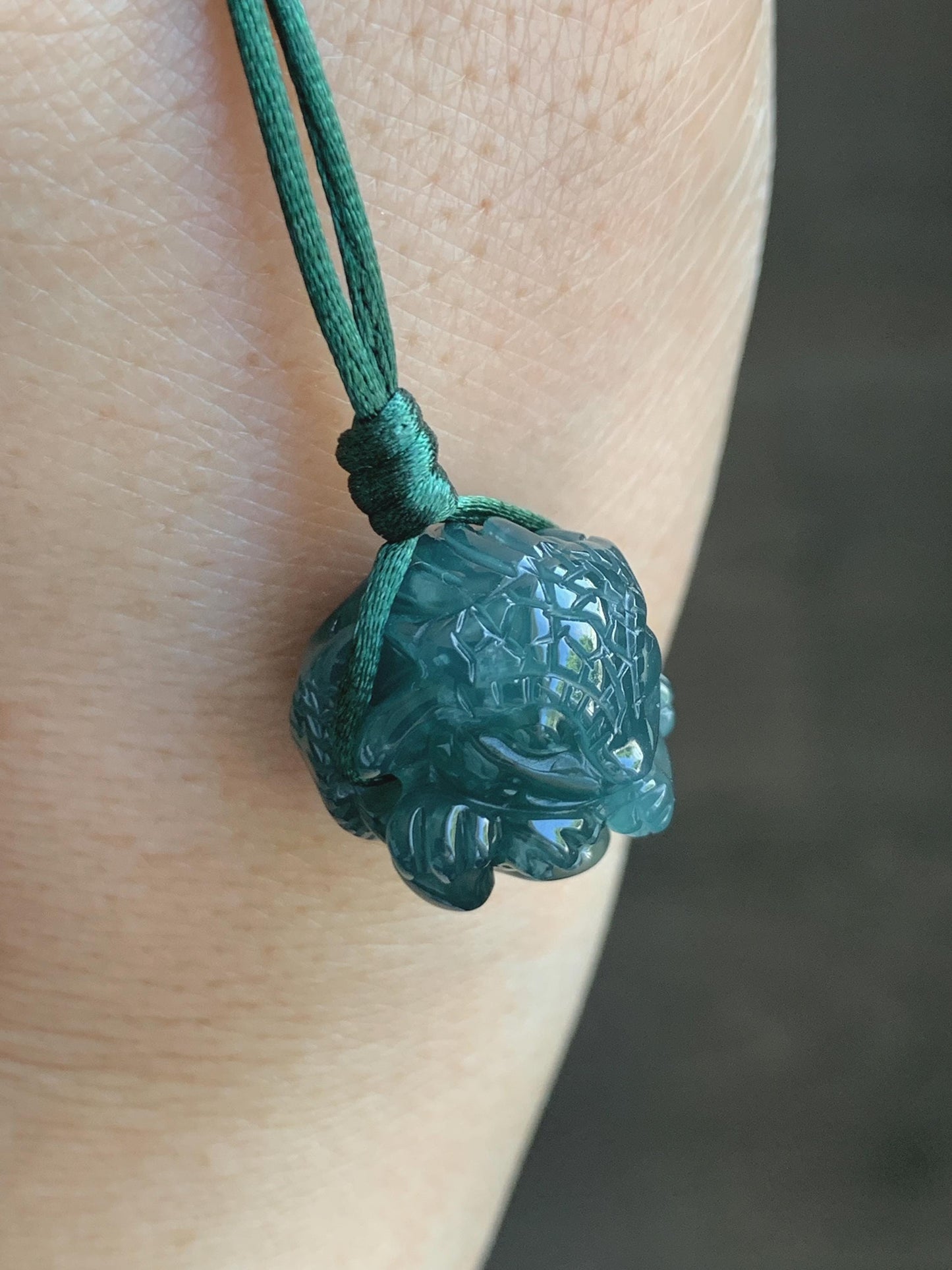 Natural Grade A Guatemalan Icy Translucent Dark Teal Blue Jade Jadeite Baby Dragon Ball Pendant Rope Necklace 26” 天然老种冰胶危深蓝翡翠龙宝宝吊坠 LBZ264B