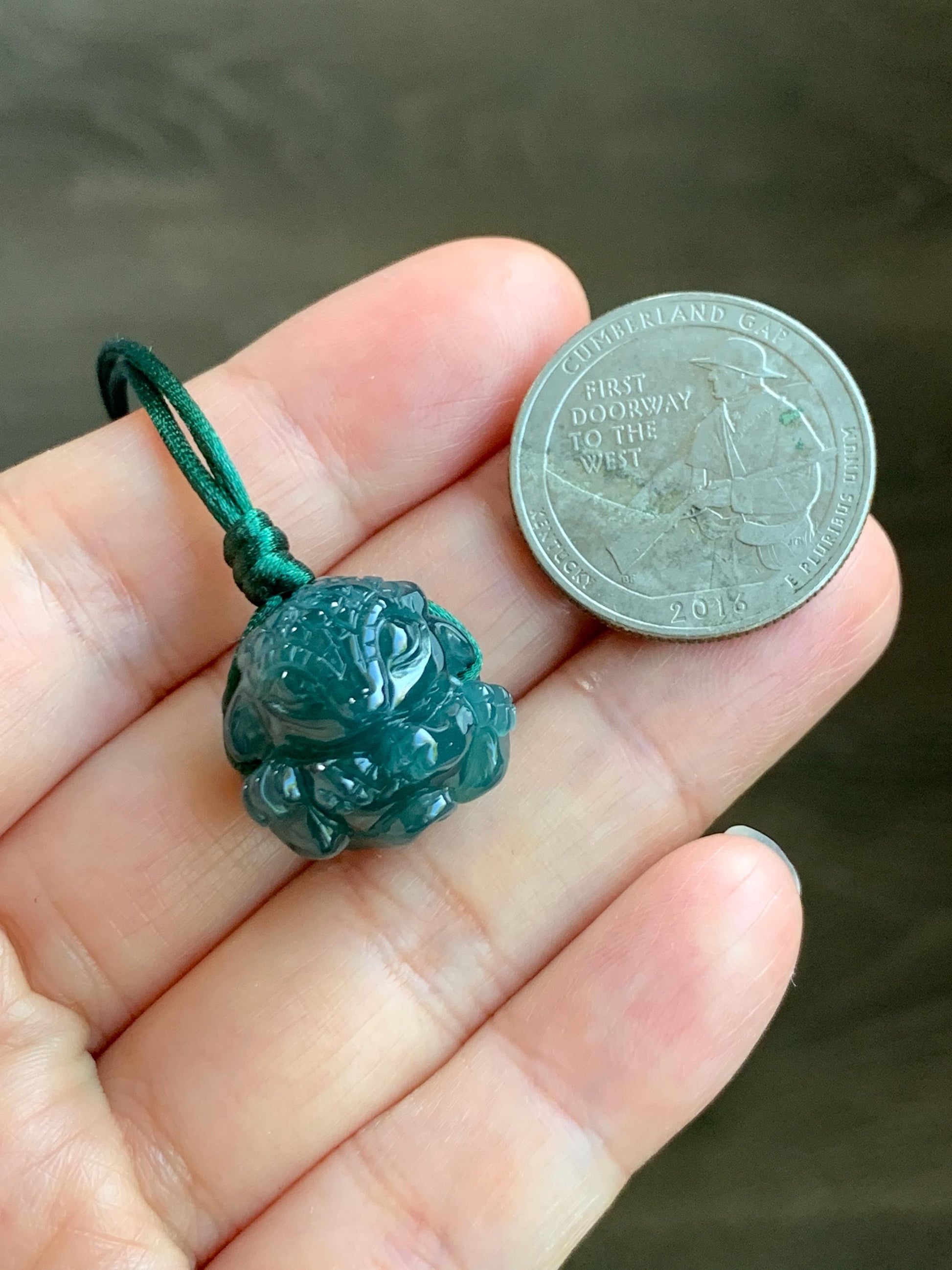 Natural Grade A Guatemalan Icy Translucent Dark Teal Blue Jade Jadeite Baby Dragon Ball Pendant Rope Necklace 26” 天然老种冰胶危深蓝翡翠龙宝宝吊坠 LBZ264B