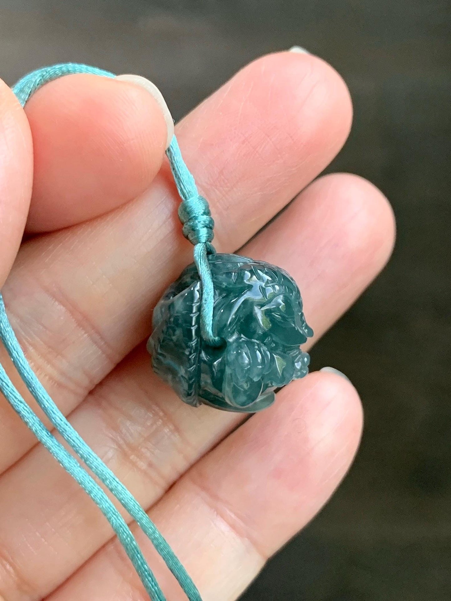 Natural Grade A Guatemalan Icy Translucent Dark Teal Blue Jade Jadeite Baby Dragon Ball Pendant Rope Necklace 26” 天然老种冰胶危深蓝翡翠龙宝宝吊坠 LBZ264A