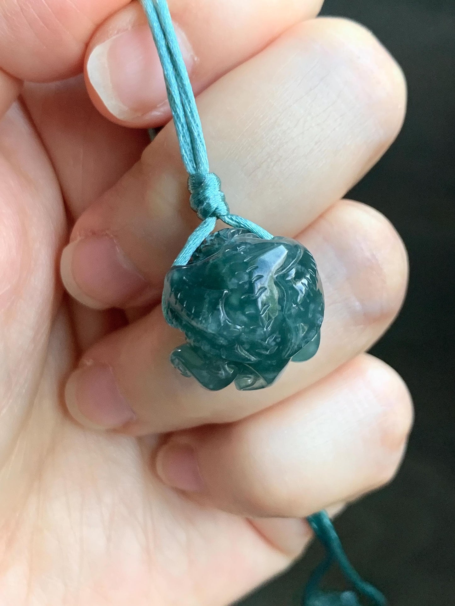Natural Grade A Guatemalan Icy Translucent Dark Teal Blue Jade Jadeite Baby Dragon Ball Pendant Rope Necklace 26” 天然老种冰胶危深蓝翡翠龙宝宝吊坠 LBZ264A