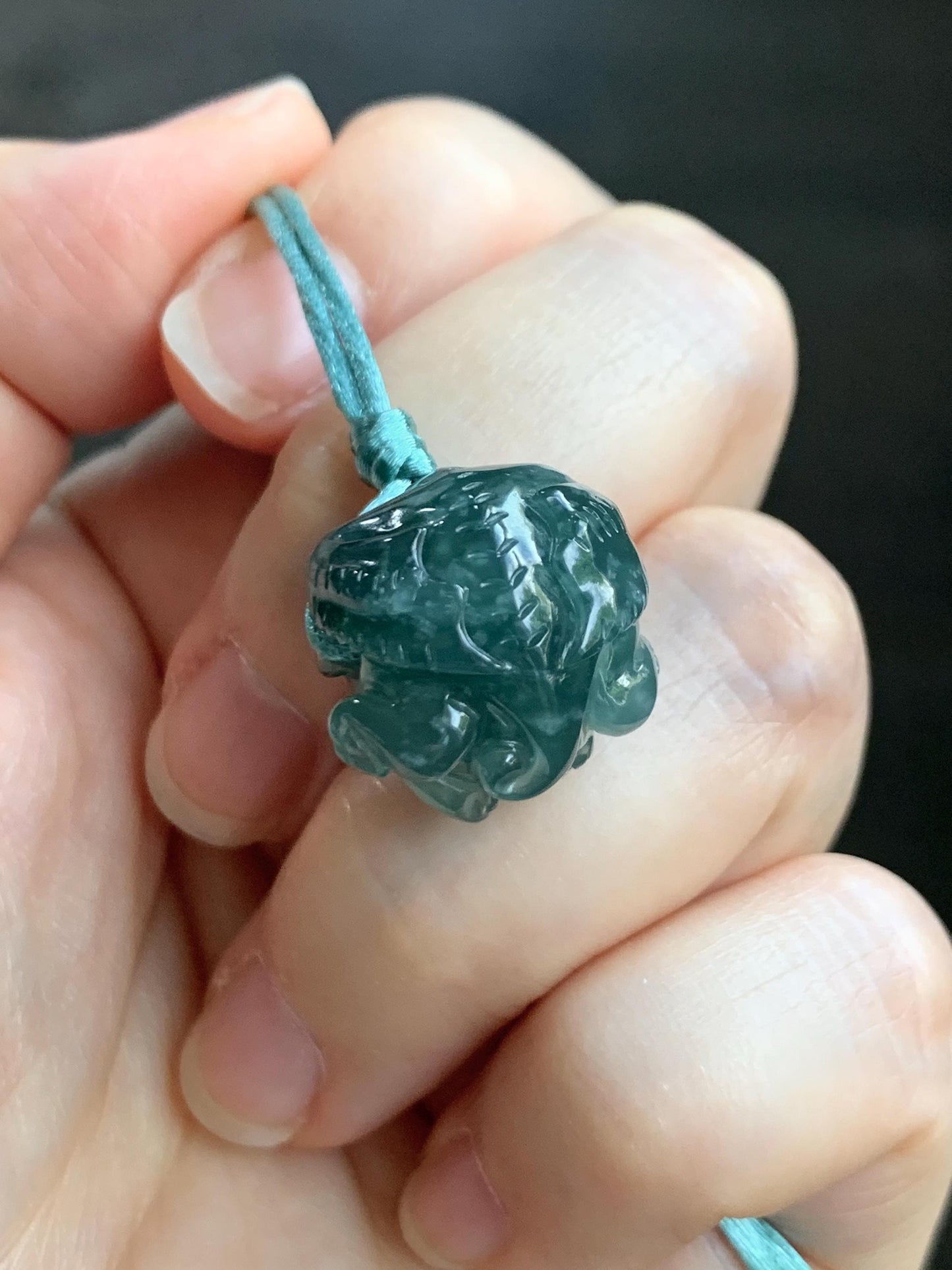 Natural Grade A Guatemalan Icy Translucent Dark Teal Blue Jade Jadeite Baby Dragon Ball Pendant Rope Necklace 26” 天然老种冰胶危深蓝翡翠龙宝宝吊坠 LBZ264A