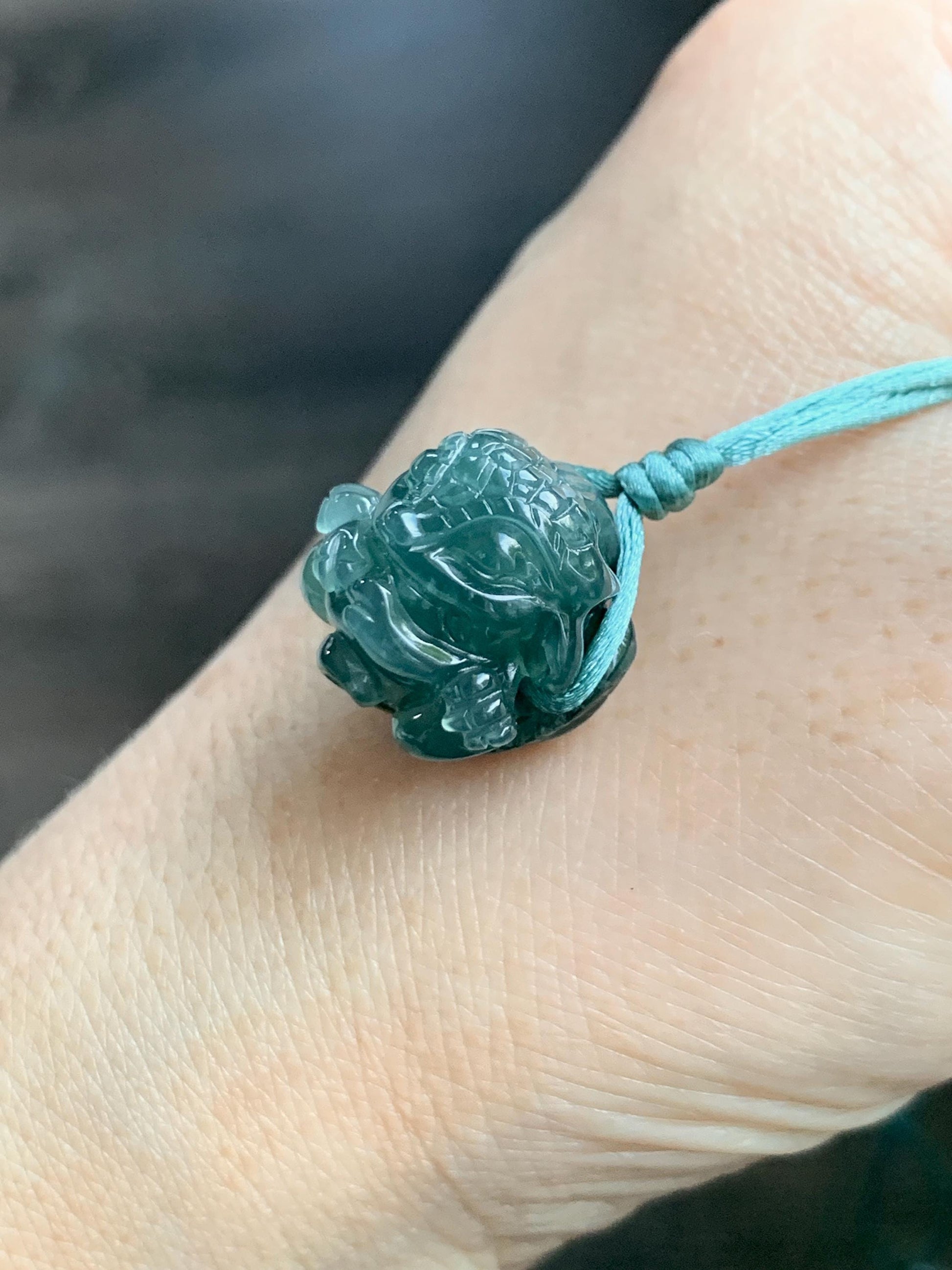 Natural Grade A Guatemalan Icy Translucent Dark Teal Blue Jade Jadeite Baby Dragon Ball Pendant Rope Necklace 26” 天然老种冰胶危深蓝翡翠龙宝宝吊坠 LBZ264A