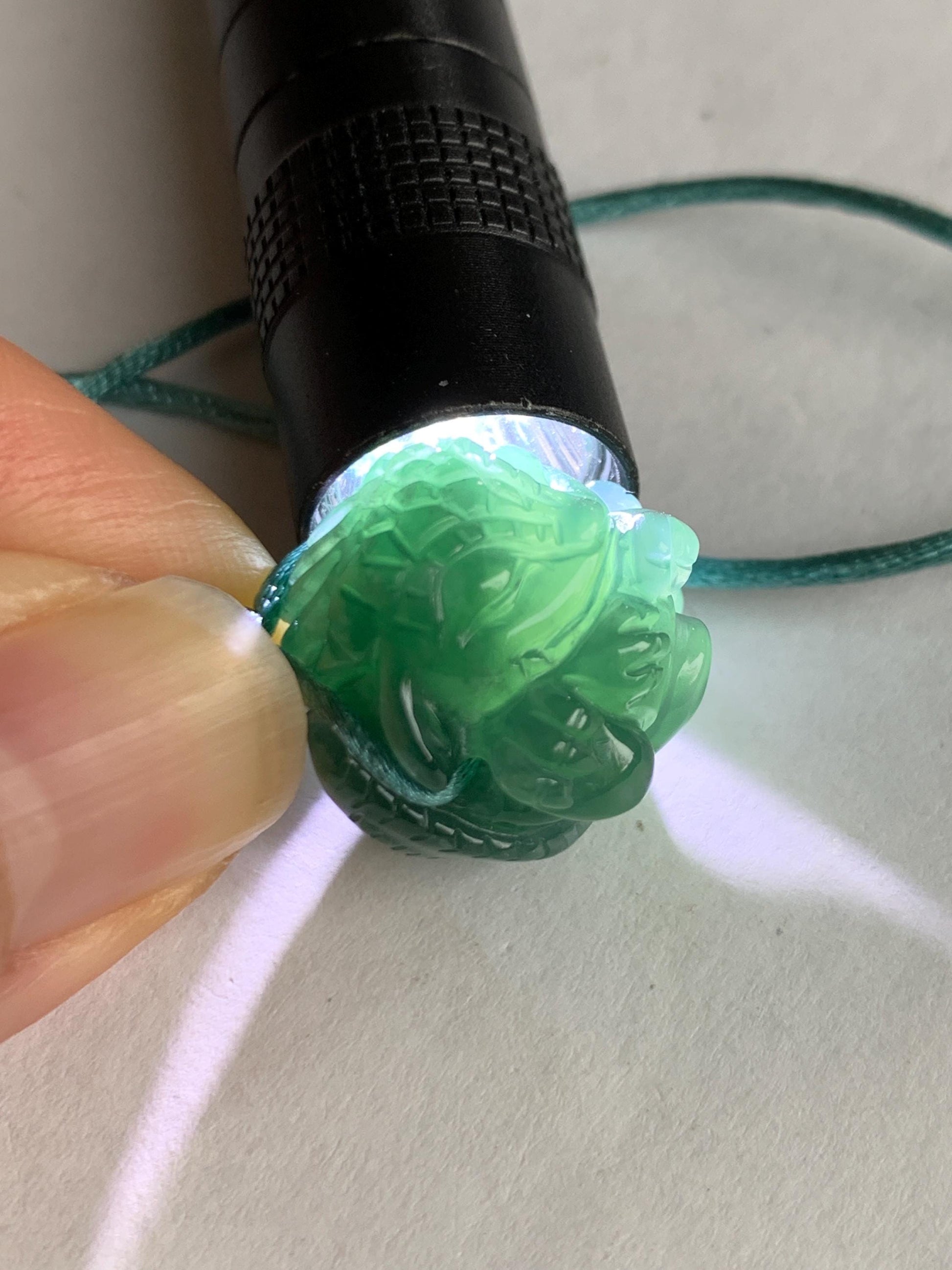 Natural Grade A Guatemalan Icy Translucent Dark Teal Blue Jade Jadeite Baby Dragon Ball Pendant Rope Necklace 26” 天然老种冰胶危深蓝翡翠龙宝宝吊坠 LBZ264A