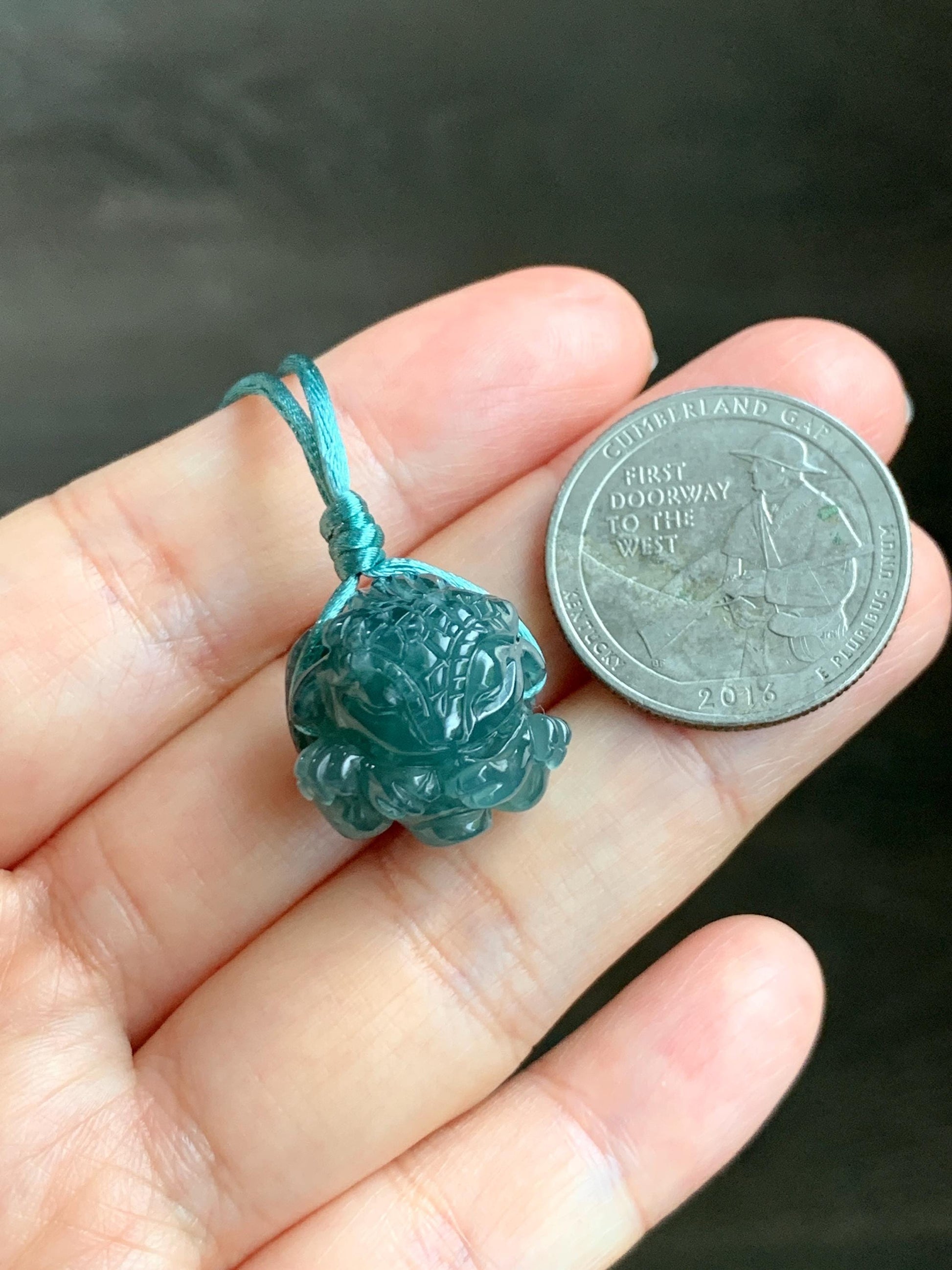 Natural Grade A Guatemalan Icy Translucent Dark Teal Blue Jade Jadeite Baby Dragon Ball Pendant Rope Necklace 26” 天然老种冰胶危深蓝翡翠龙宝宝吊坠 LBZ264A