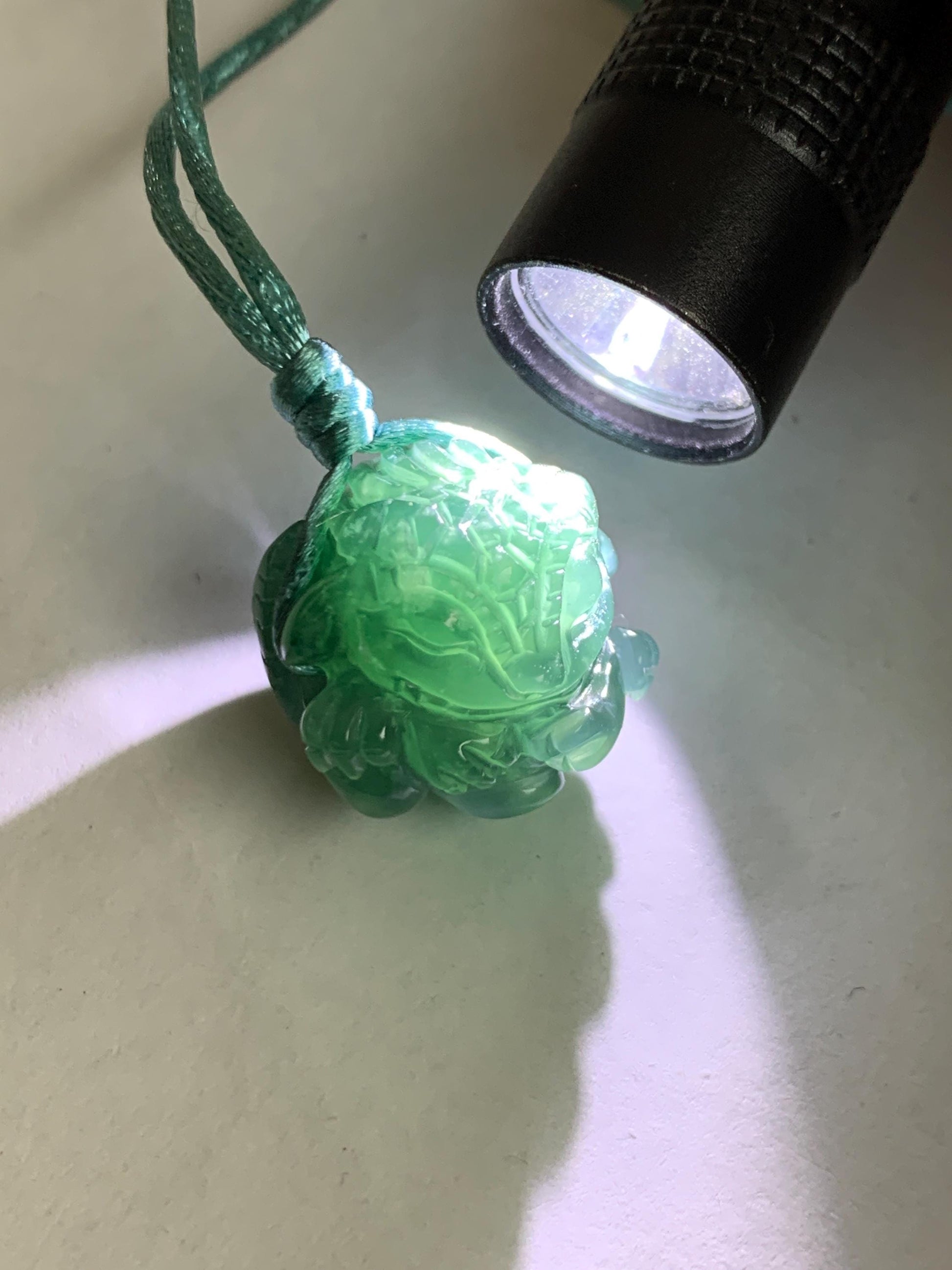 Natural Grade A Guatemalan Icy Translucent Dark Teal Blue Jade Jadeite Baby Dragon Ball Pendant Rope Necklace 26” 天然老种冰胶危深蓝翡翠龙宝宝吊坠 LBZ264A