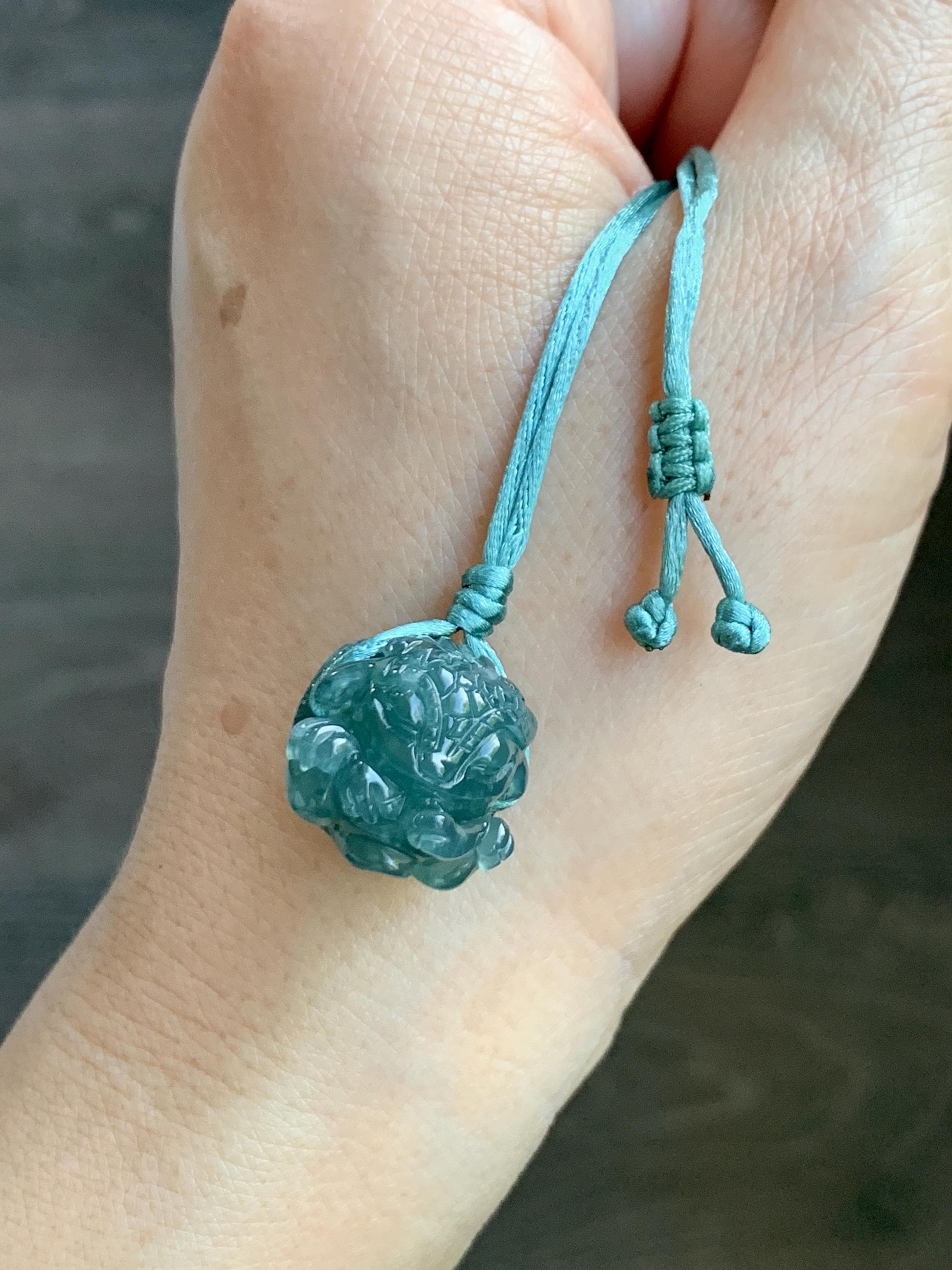 Natural Grade A Guatemalan Icy Translucent Dark Teal Blue Jade Jadeite Baby Dragon Ball Pendant Rope Necklace 26” 天然老种冰胶危深蓝翡翠龙宝宝吊坠 LBZ264A