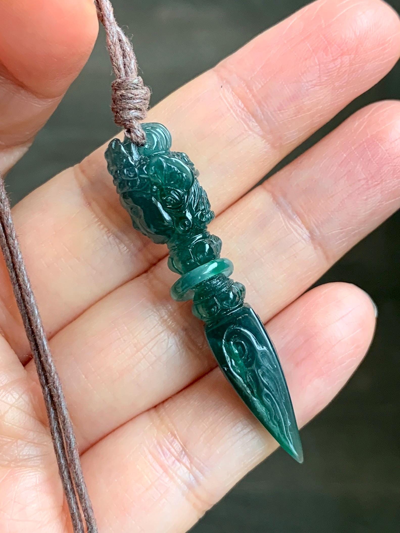 Natural Grade A Guatemalan Icy Translucent Dark Teal Blue Jade Jadeite Carved Vajra Pendant Rope Necklace 25” 7g 天然冰危蓝绿翡翠降魔杵吊坠项链 XMC238