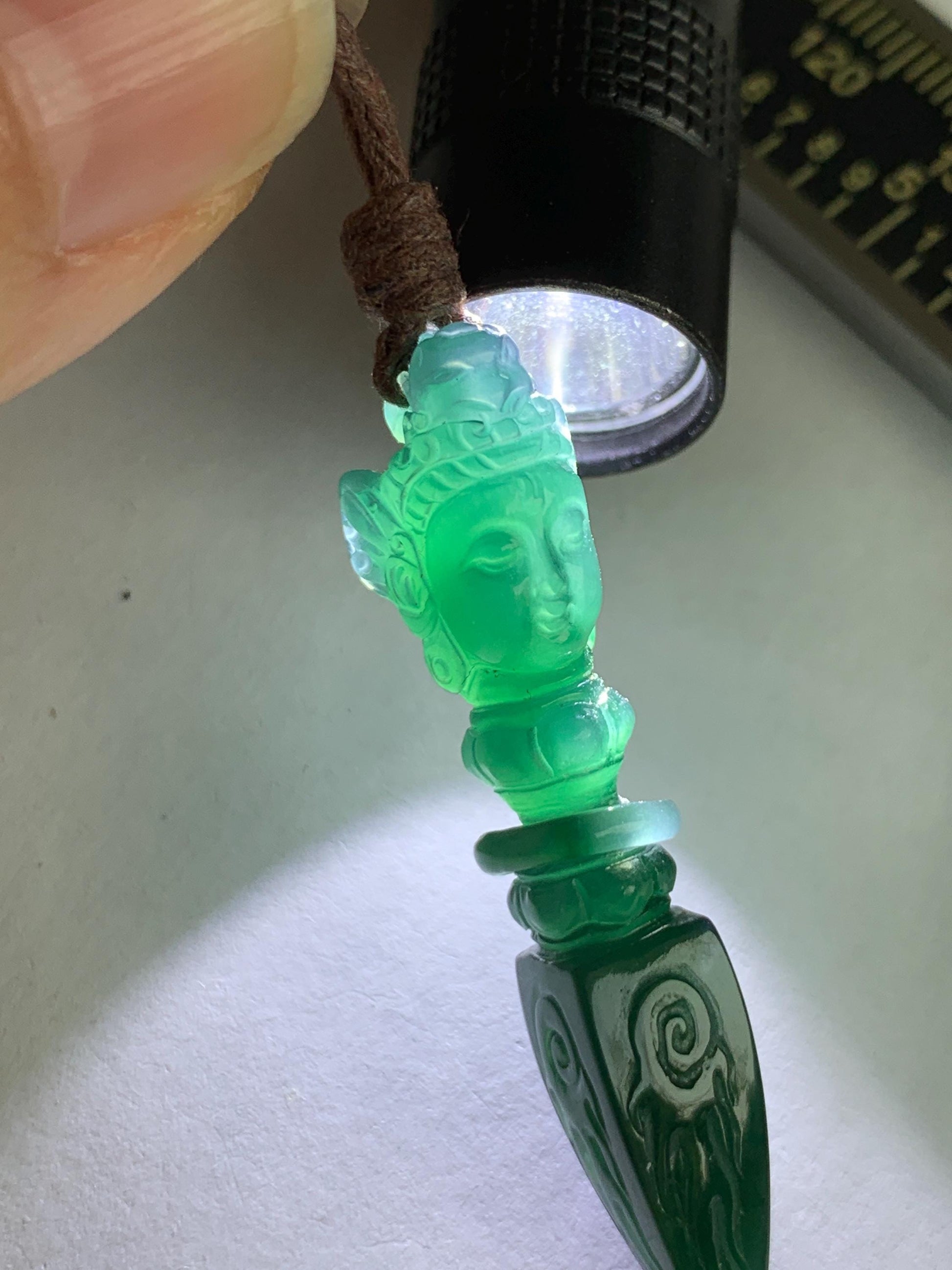 Natural Grade A Guatemalan Icy Translucent Dark Teal Blue Jade Jadeite Carved Vajra Pendant Rope Necklace 25” 7g 天然冰危蓝绿翡翠降魔杵吊坠项链 XMC238