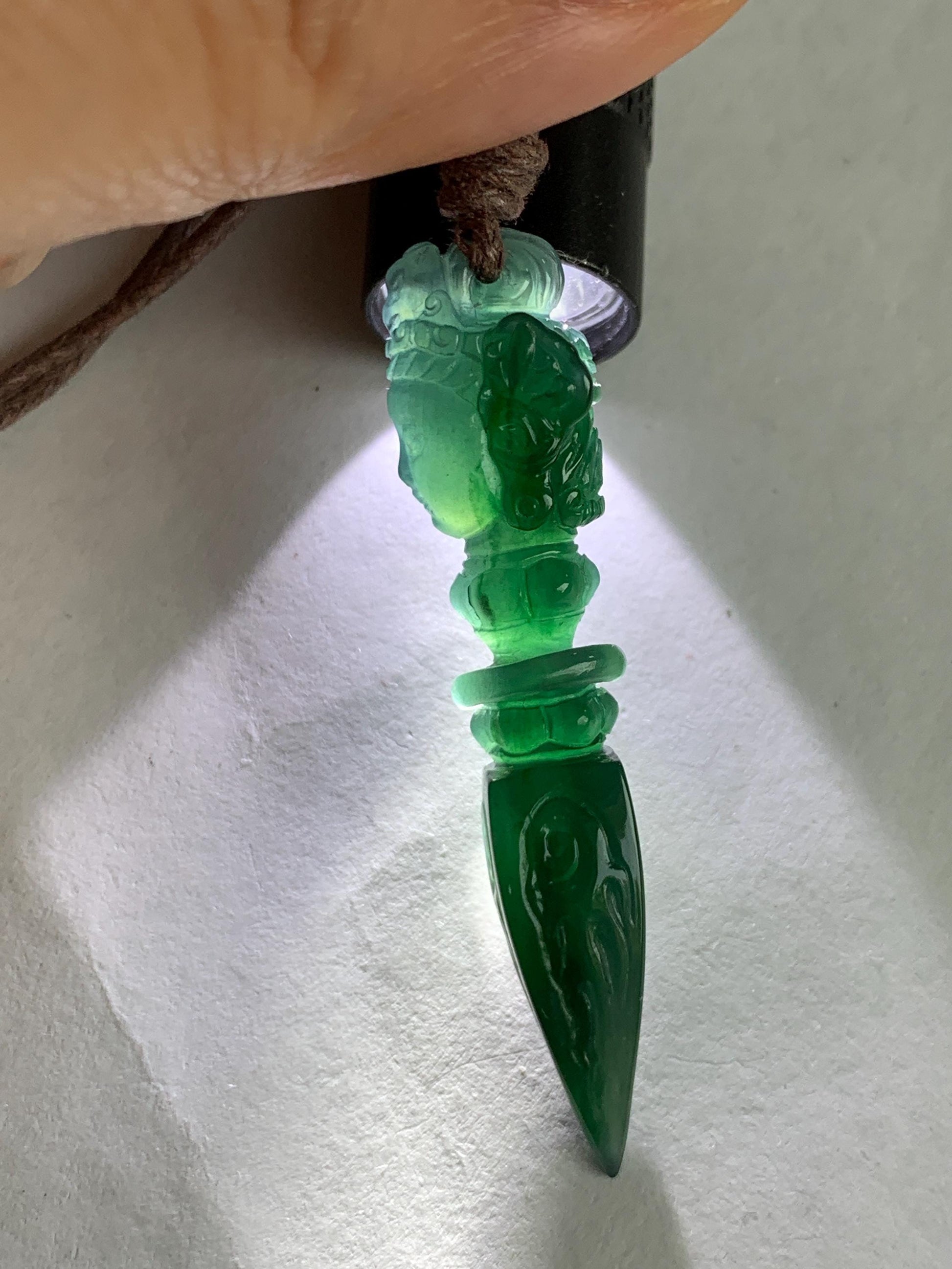 Natural Grade A Guatemalan Icy Translucent Dark Teal Blue Jade Jadeite Carved Vajra Pendant Rope Necklace 25” 7g 天然冰危蓝绿翡翠降魔杵吊坠项链 XMC238