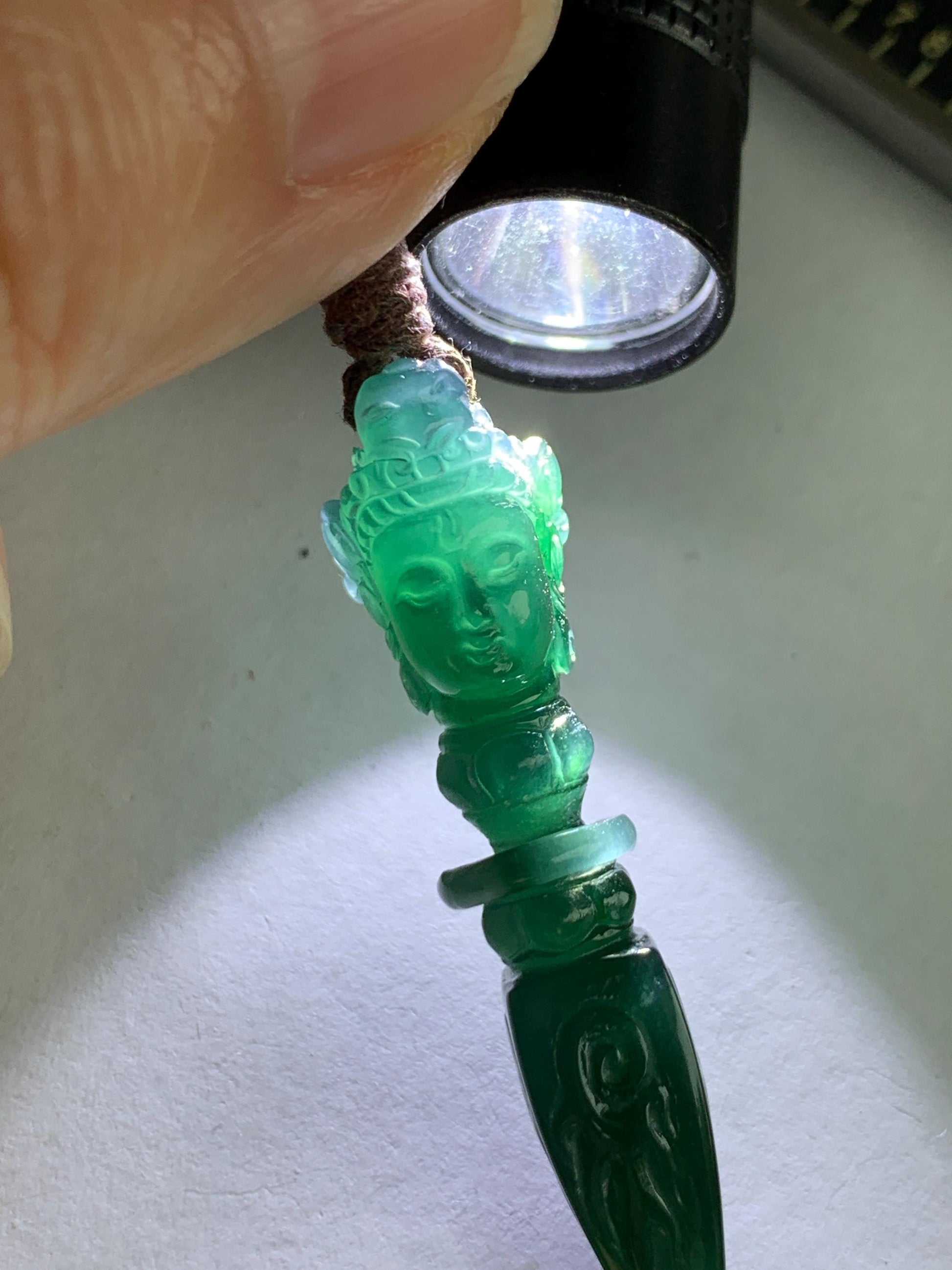 Natural Grade A Guatemalan Icy Translucent Dark Teal Blue Jade Jadeite Carved Vajra Pendant Rope Necklace 25” 7g 天然冰危蓝绿翡翠降魔杵吊坠项链 XMC238