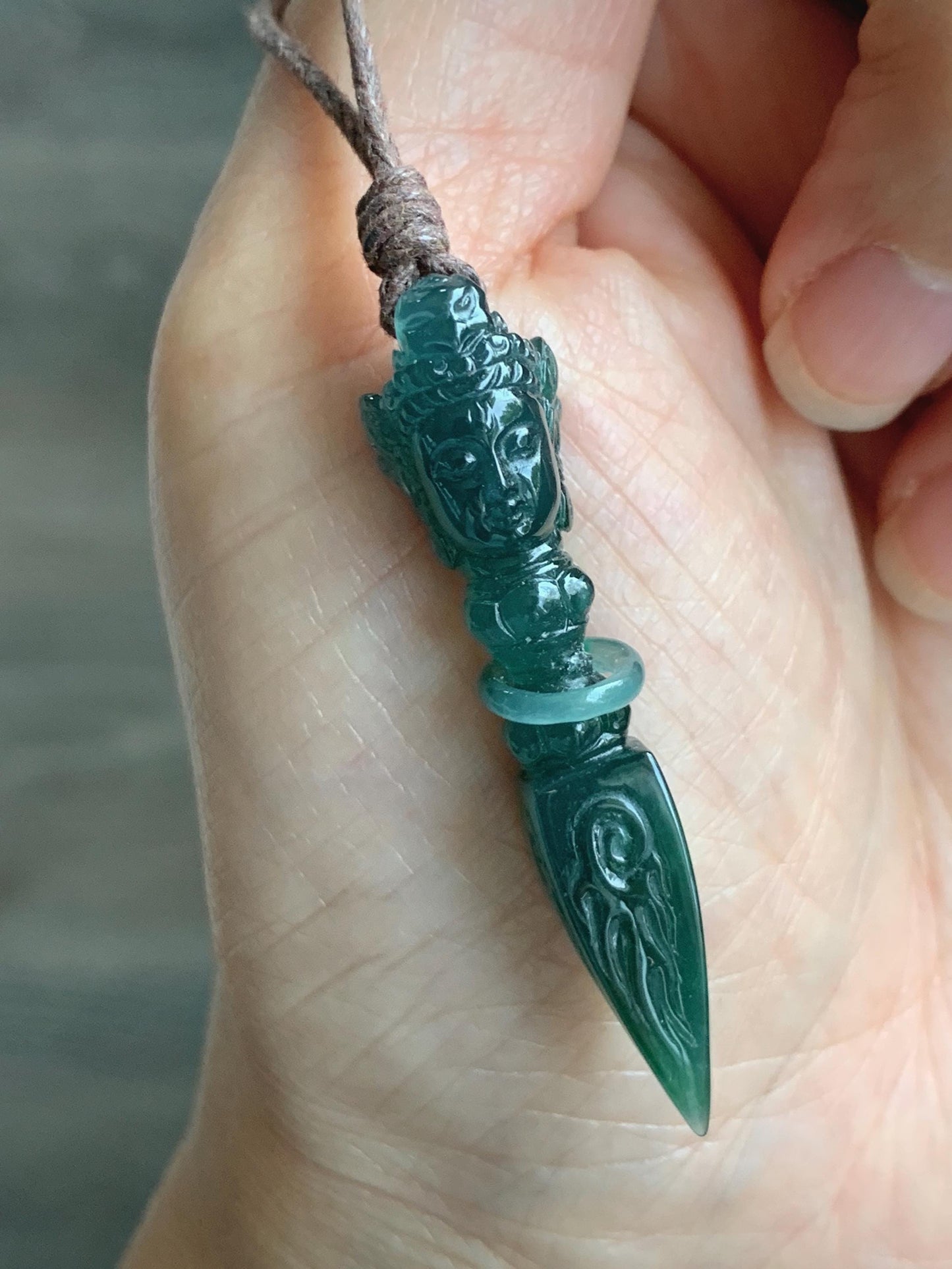 Natural Grade A Guatemalan Icy Translucent Dark Teal Blue Jade Jadeite Carved Vajra Pendant Rope Necklace 25” 7g 天然冰危蓝绿翡翠降魔杵吊坠项链 XMC238