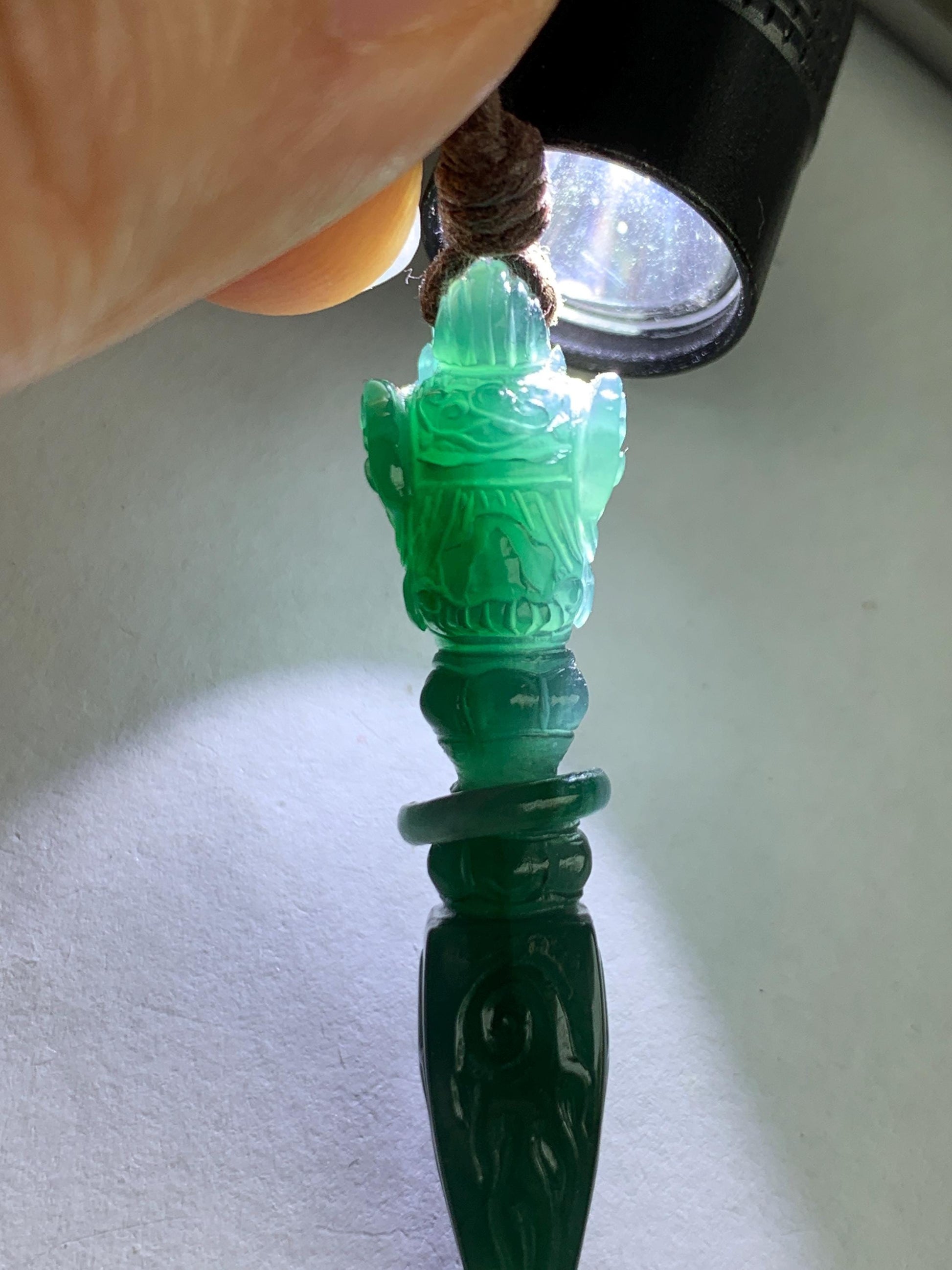 Natural Grade A Guatemalan Icy Translucent Dark Teal Blue Jade Jadeite Carved Vajra Pendant Rope Necklace 25” 7g 天然冰危蓝绿翡翠降魔杵吊坠项链 XMC238