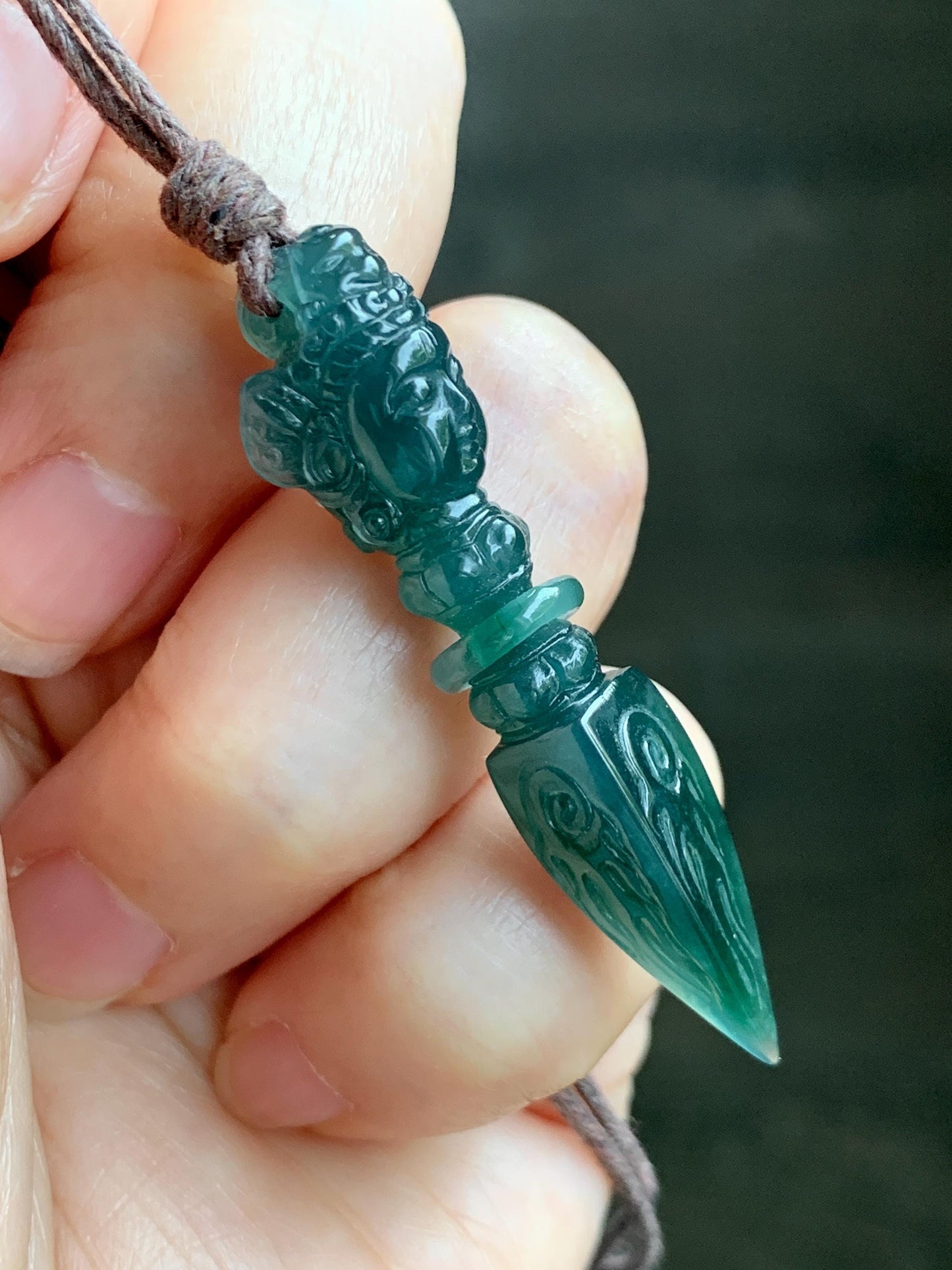 Natural Grade A Guatemalan Icy Translucent Dark Teal Blue Jade Jadeite Carved Vajra Pendant Rope Necklace 25” 7g 天然冰危蓝绿翡翠降魔杵吊坠项链 XMC238