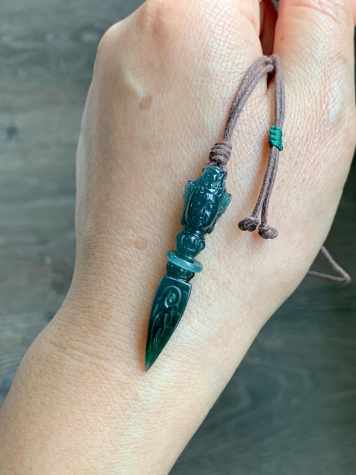 Natural Grade A Guatemalan Icy Translucent Dark Teal Blue Jade Jadeite Carved Vajra Pendant Rope Necklace 25” 7g 天然冰危蓝绿翡翠降魔杵吊坠项链 XMC238