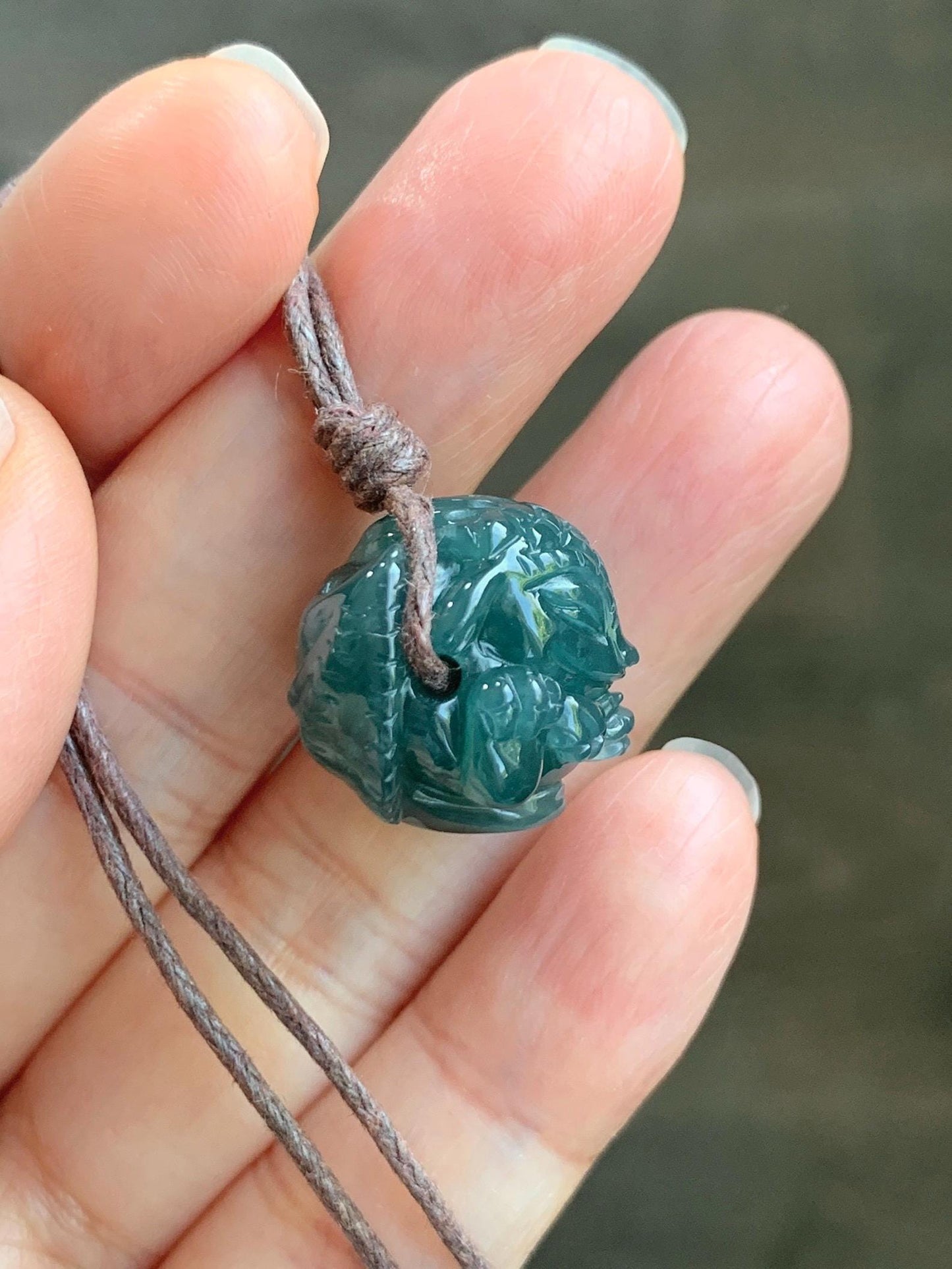Natural Grade A Guatemalan Icy Translucent Dark Teal Blue Jade Jadeite Baby Dragon Ball Pendant Rope Necklace 26” 天然老种冰胶危深蓝翡翠龙宝宝吊坠 LBZ264C
