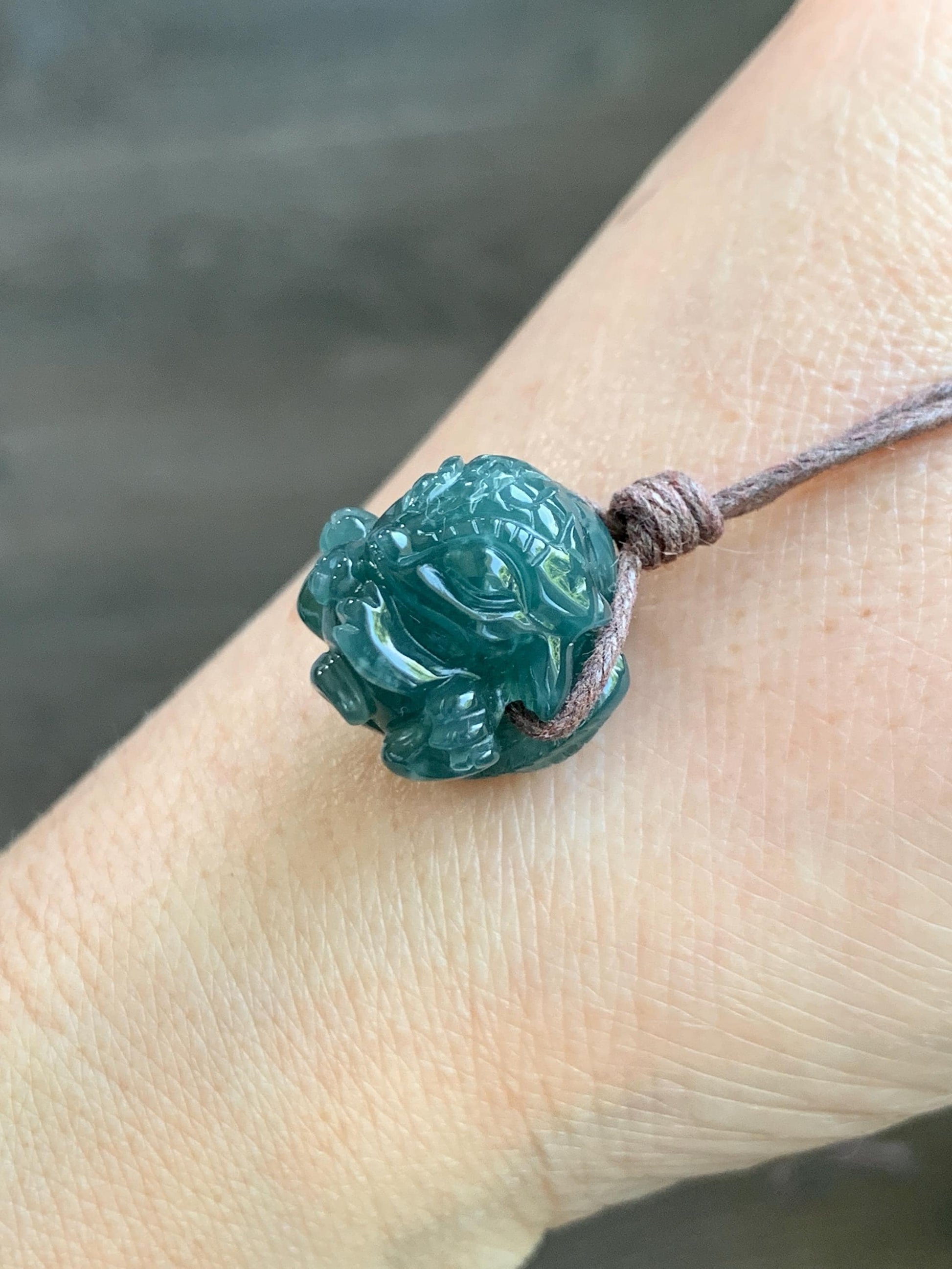 Natural Grade A Guatemalan Icy Translucent Dark Teal Blue Jade Jadeite Baby Dragon Ball Pendant Rope Necklace 26” 天然老种冰胶危深蓝翡翠龙宝宝吊坠 LBZ264C