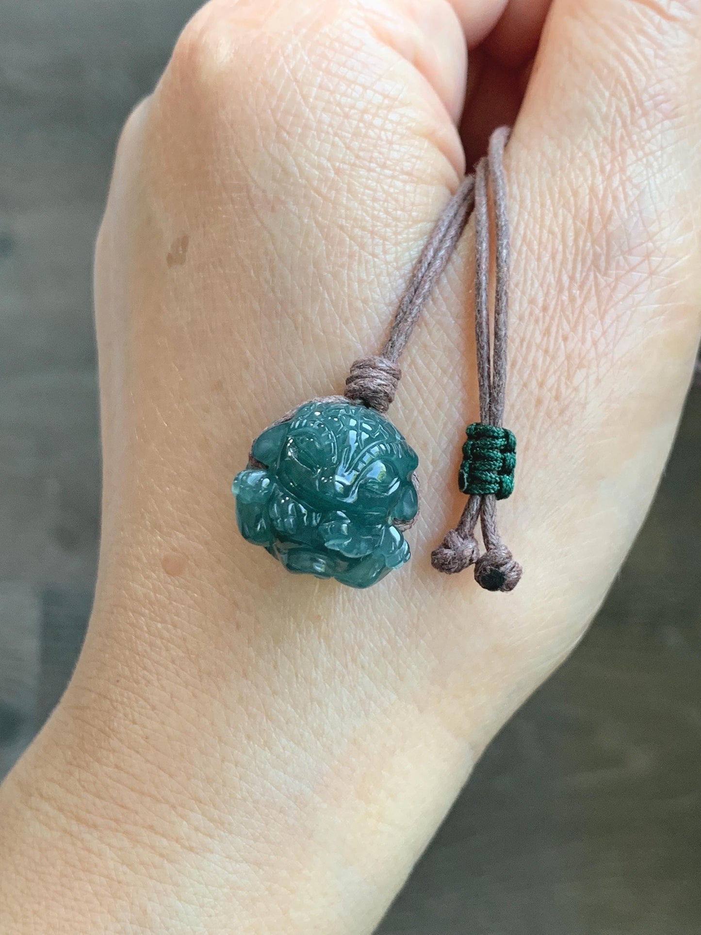 Natural Grade A Guatemalan Icy Translucent Dark Teal Blue Jade Jadeite Baby Dragon Ball Pendant Rope Necklace 26” 天然老种冰胶危深蓝翡翠龙宝宝吊坠 LBZ264C
