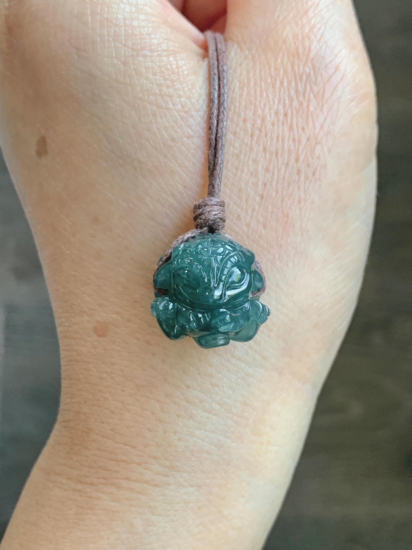 Natural Grade A Guatemalan Icy Translucent Dark Teal Blue Jade Jadeite Baby Dragon Ball Pendant Rope Necklace 26” 天然老种冰胶危深蓝翡翠龙宝宝吊坠 LBZ264C