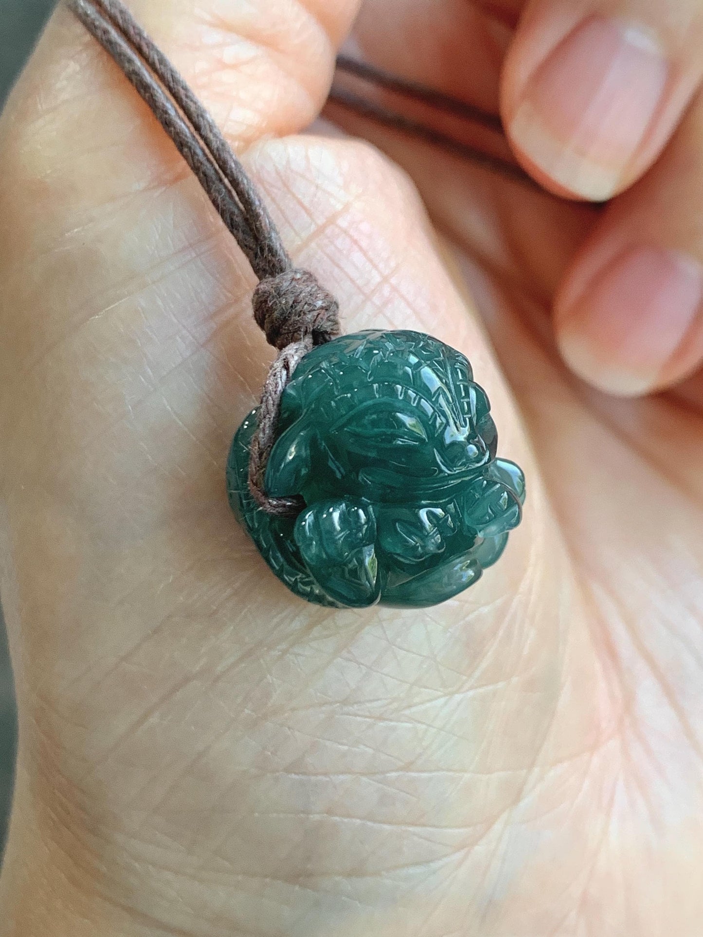 Natural Grade A Guatemalan Icy Translucent Dark Teal Blue Jade Jadeite Baby Dragon Ball Pendant Rope Necklace 26” 天然老种冰胶危深蓝翡翠龙宝宝吊坠 LBZ264C