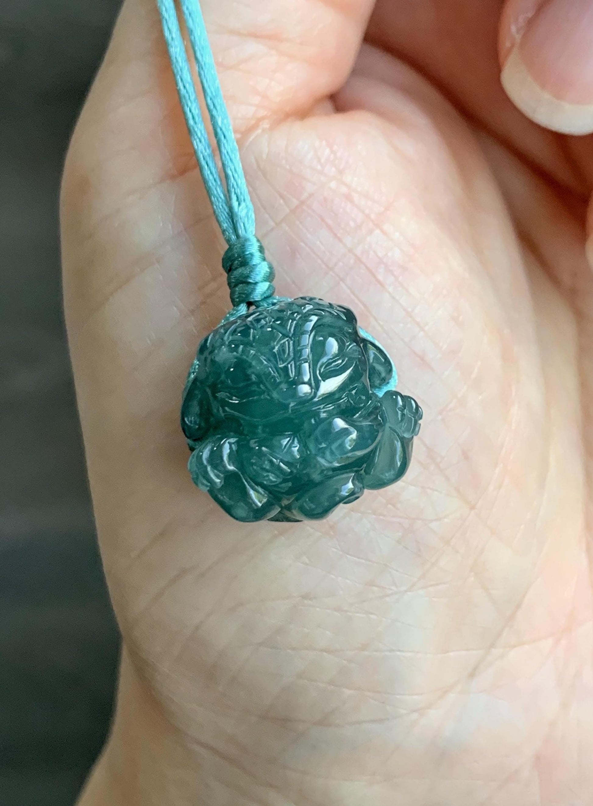 Natural Grade A Guatemalan Icy Translucent Dark Teal Blue Jade Jadeite Baby Dragon Ball Pendant Rope Necklace 26” 天然老种冰胶危深蓝翡翠龙宝宝吊坠 LBZ264A