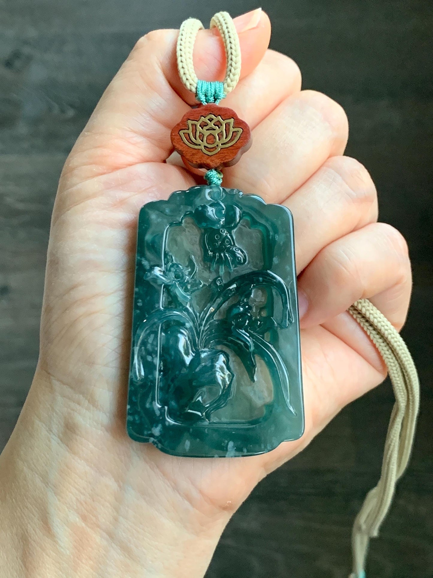 Natural Grade A Guatemalan Icy Translucent Dark Teal Blue Jade Jadeite Carved Orchid Pendant Rope Necklace 29.5" 40g 天然冰危湖水蓝翡翠兰花牌吊坠LHP220