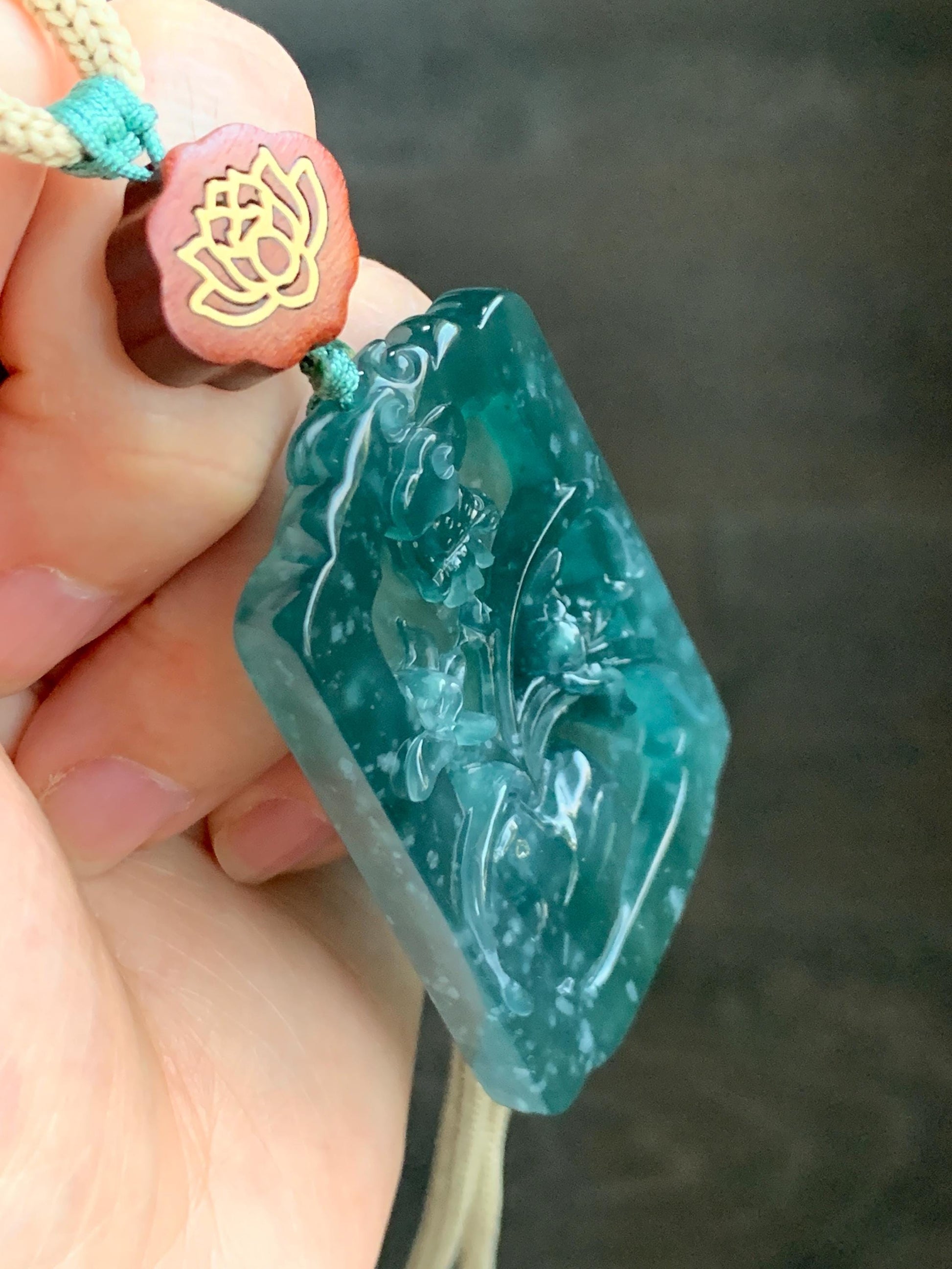 Natural Grade A Guatemalan Icy Translucent Dark Teal Blue Jade Jadeite Carved Orchid Pendant Rope Necklace 29.5" 40g 天然冰危湖水蓝翡翠兰花牌吊坠LHP220