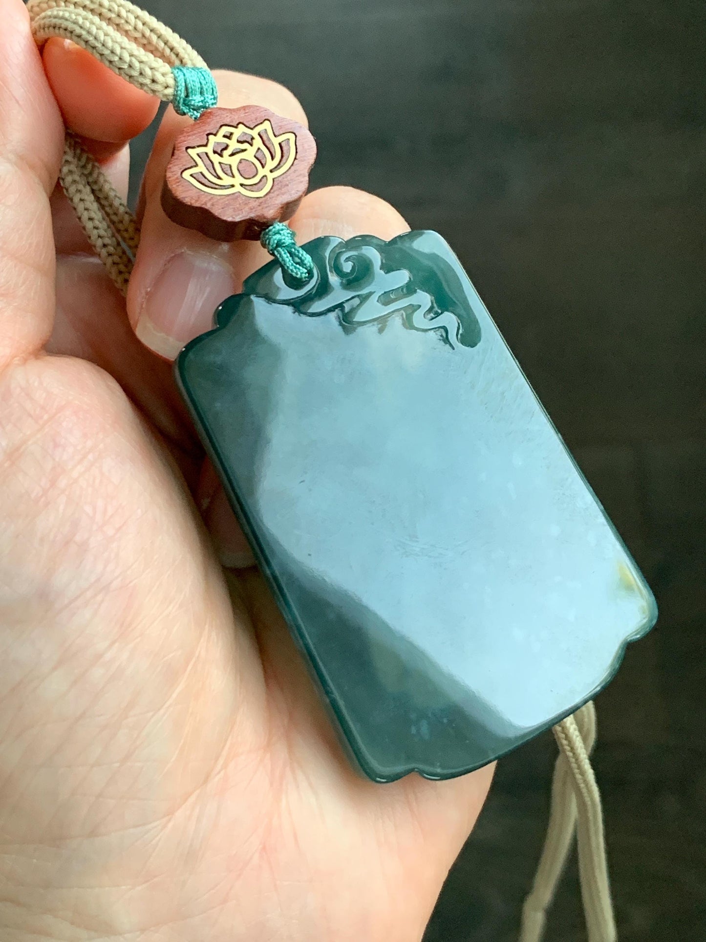 Natural Grade A Guatemalan Icy Translucent Dark Teal Blue Jade Jadeite Carved Orchid Pendant Rope Necklace 29.5" 40g 天然冰危湖水蓝翡翠兰花牌吊坠LHP220