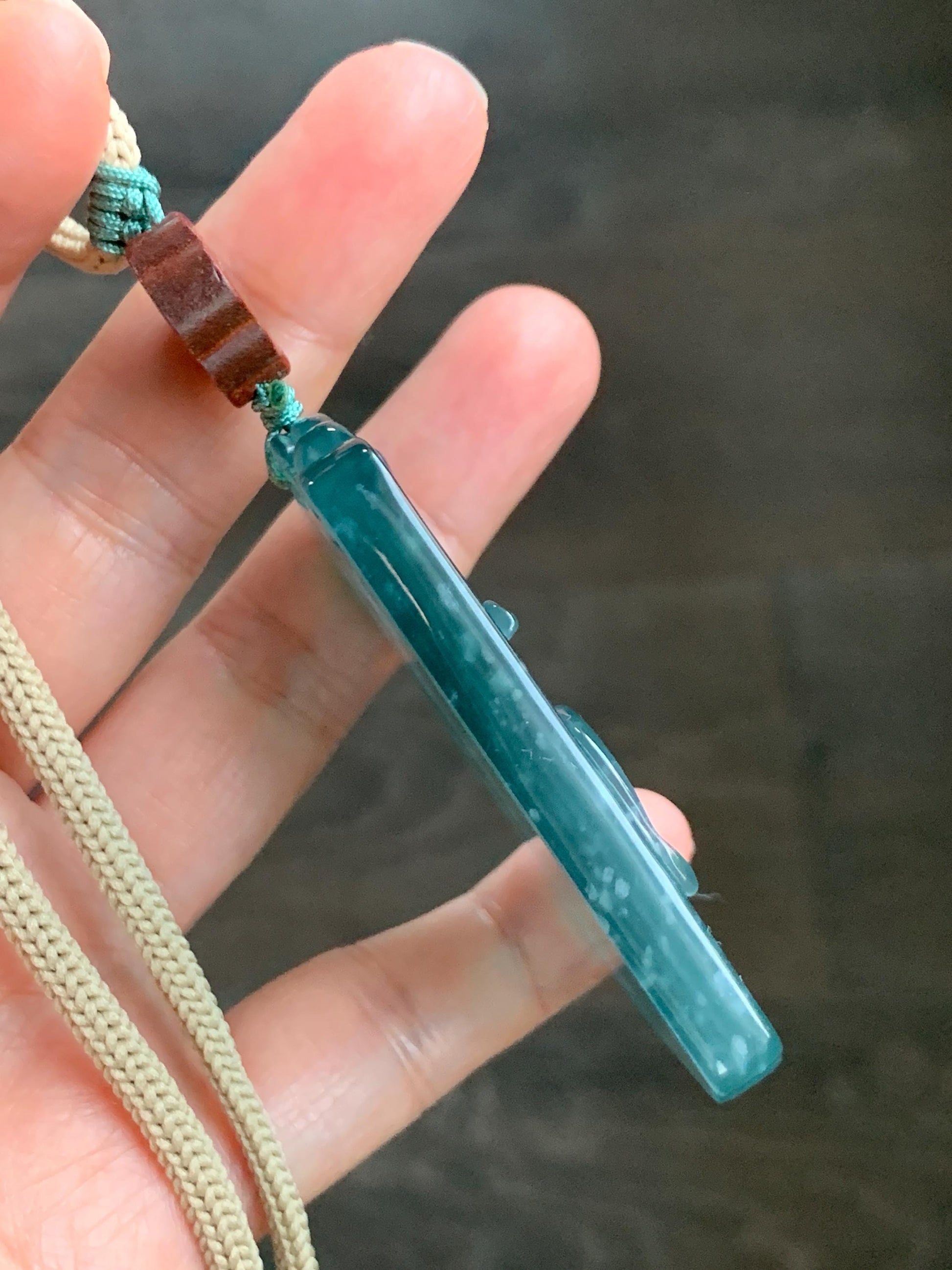 Natural Grade A Guatemalan Icy Translucent Dark Teal Blue Jade Jadeite Carved Orchid Pendant Rope Necklace 29.5" 40g 天然冰危湖水蓝翡翠兰花牌吊坠LHP220