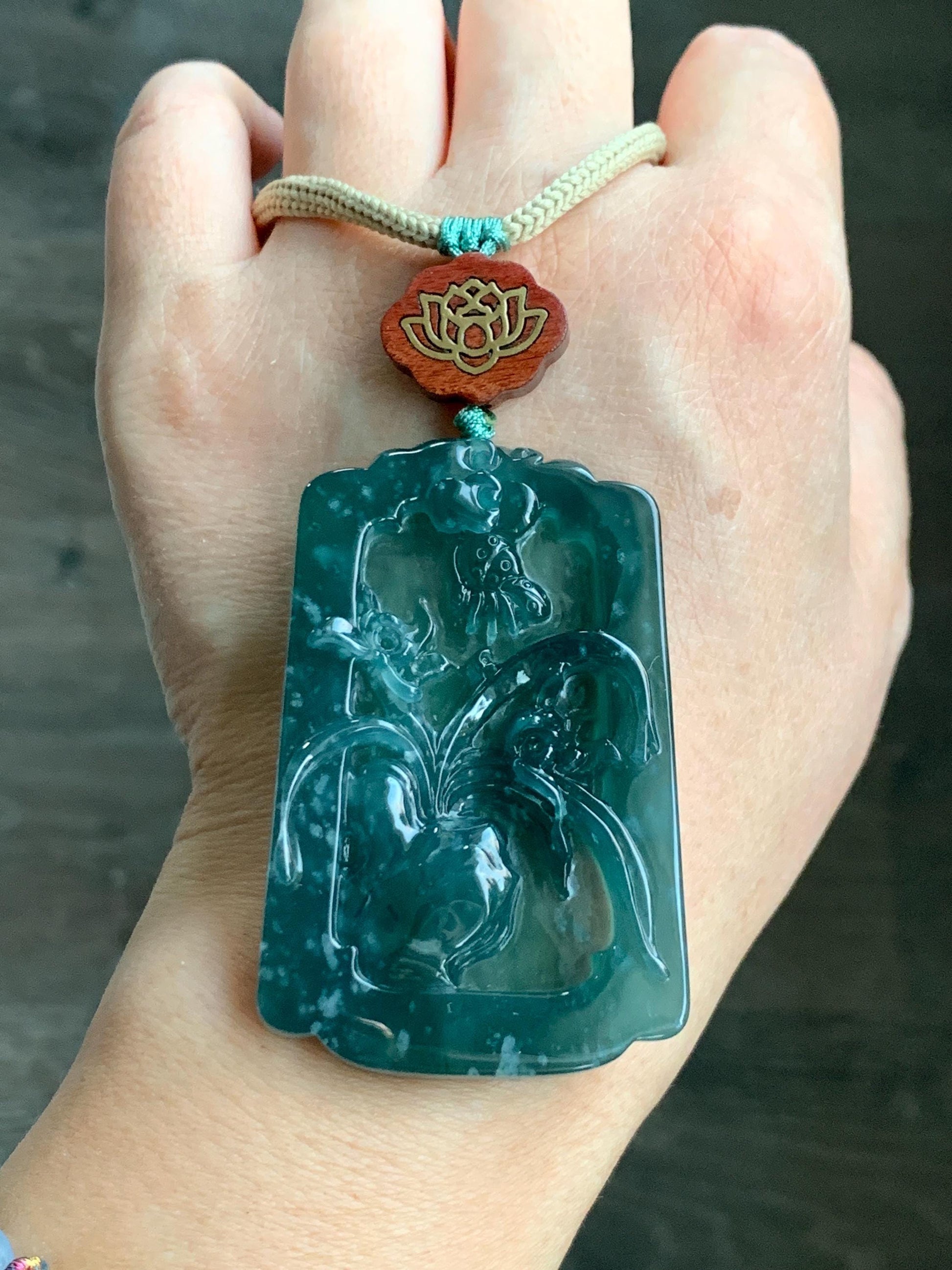 Natural Grade A Guatemalan Icy Translucent Dark Teal Blue Jade Jadeite Carved Orchid Pendant Rope Necklace 29.5" 40g 天然冰危湖水蓝翡翠兰花牌吊坠LHP220