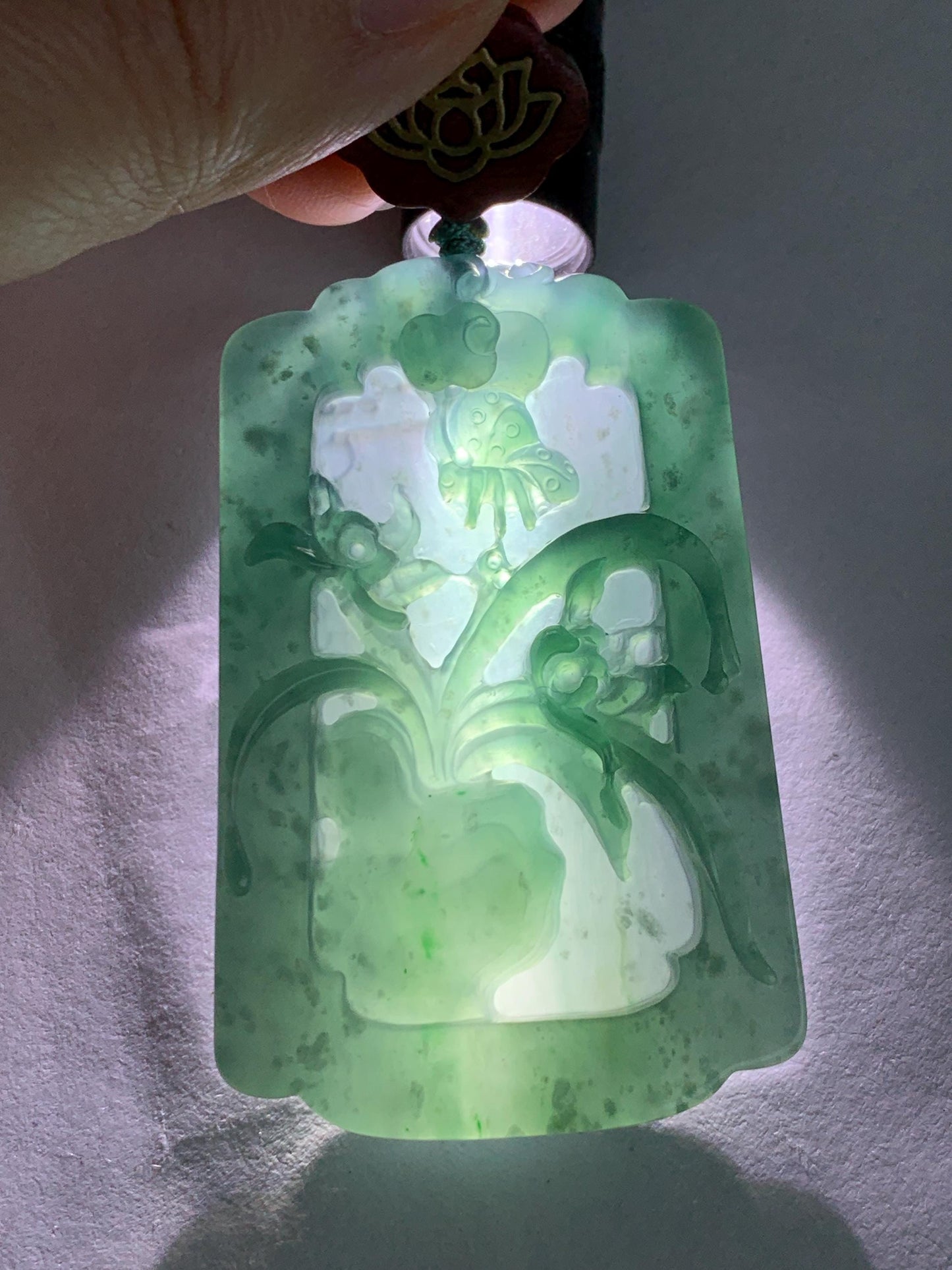 Natural Grade A Guatemalan Icy Translucent Dark Teal Blue Jade Jadeite Carved Orchid Pendant Rope Necklace 29.5" 40g 天然冰危湖水蓝翡翠兰花牌吊坠LHP220