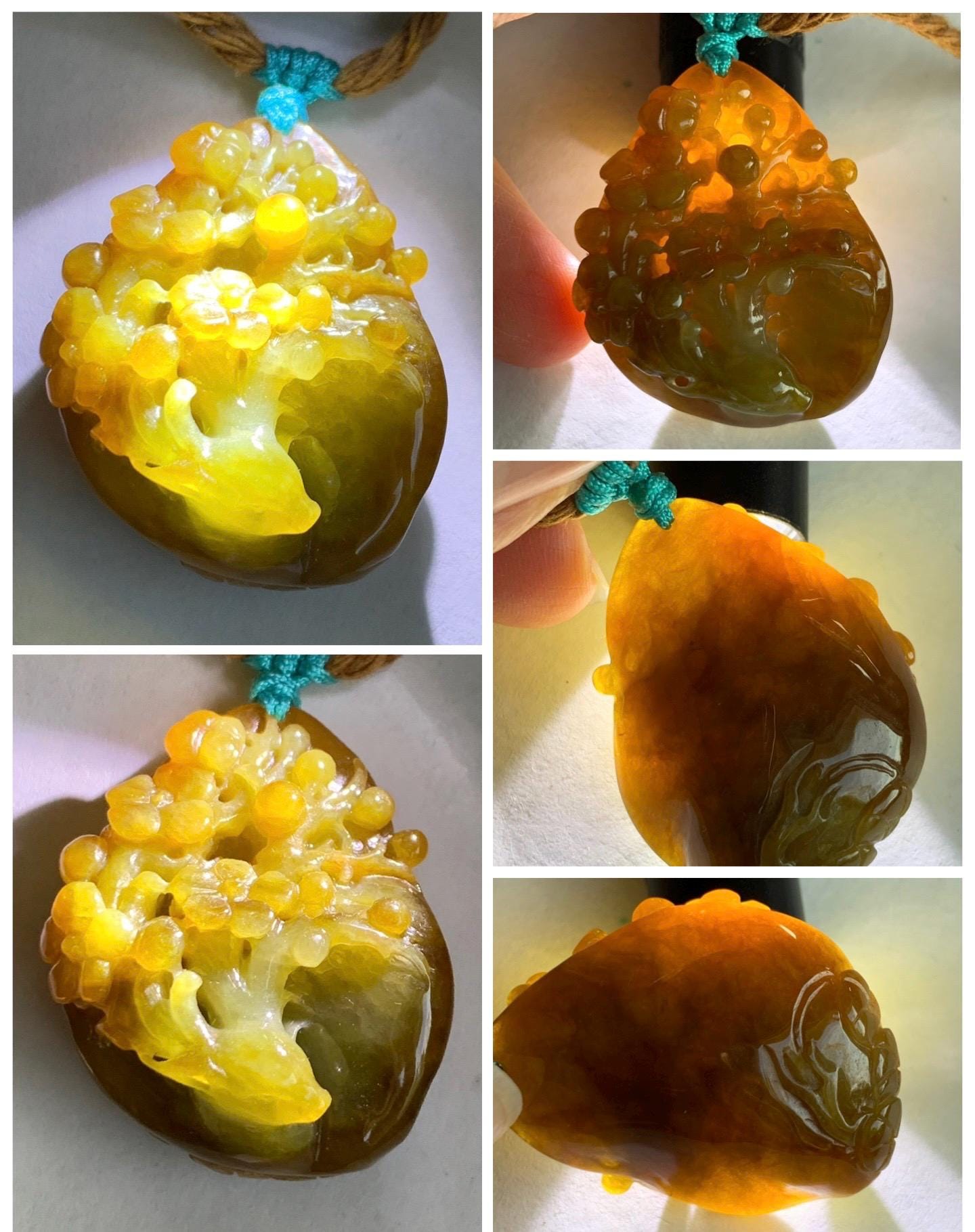 Certified Natural Grade A Icy Translucent Intense Dark Yellow Jade Jadeite Cherry Blossom Deer Pendant Rope Necklace 27” 天然冰红黄翡翠梅花鹿吊坠项链0745