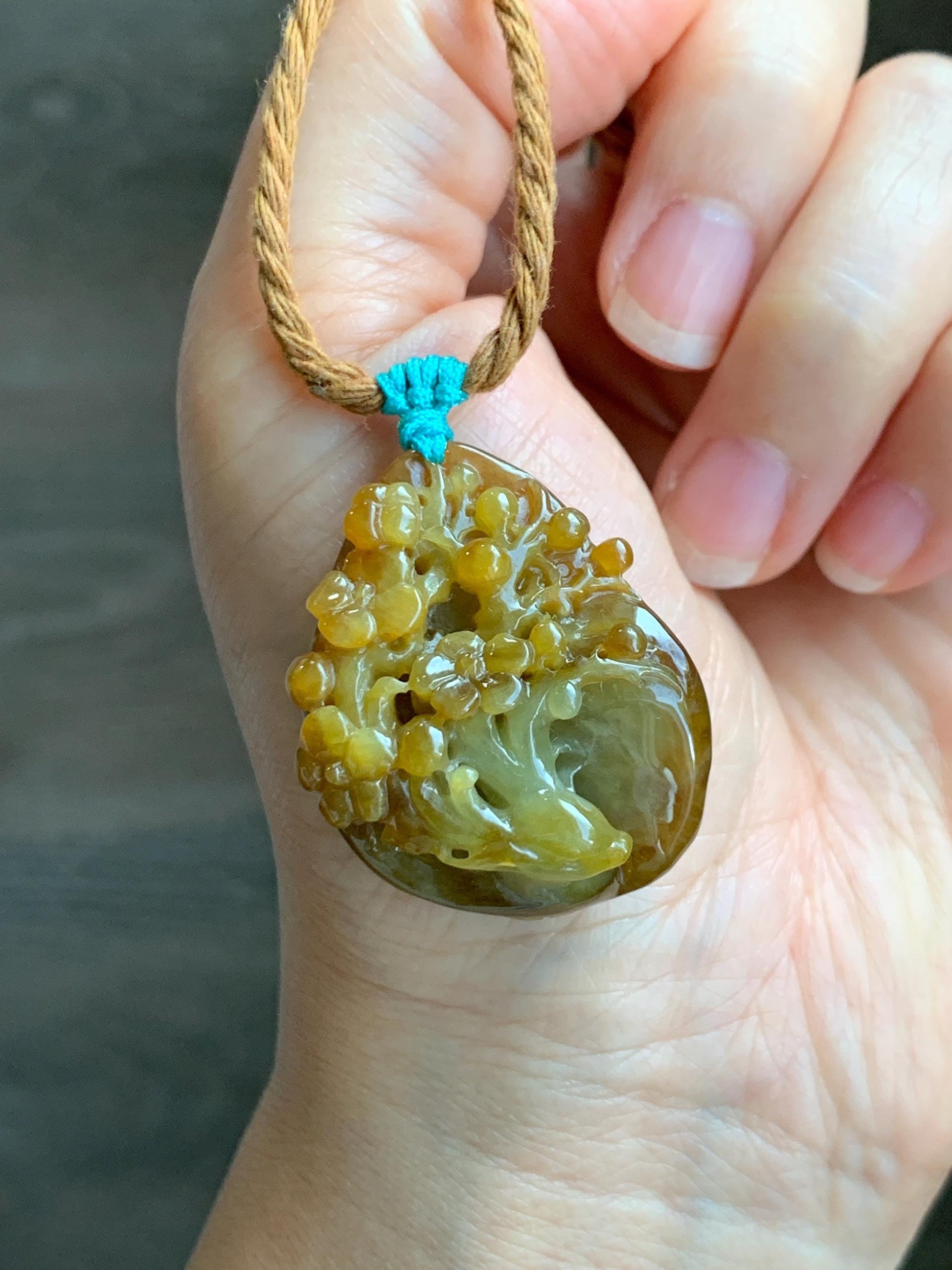Certified Natural Grade A Icy Translucent Intense Dark Yellow Jade Jadeite Cherry Blossom Deer Pendant Rope Necklace 27” 天然冰红黄翡翠梅花鹿吊坠项链0745