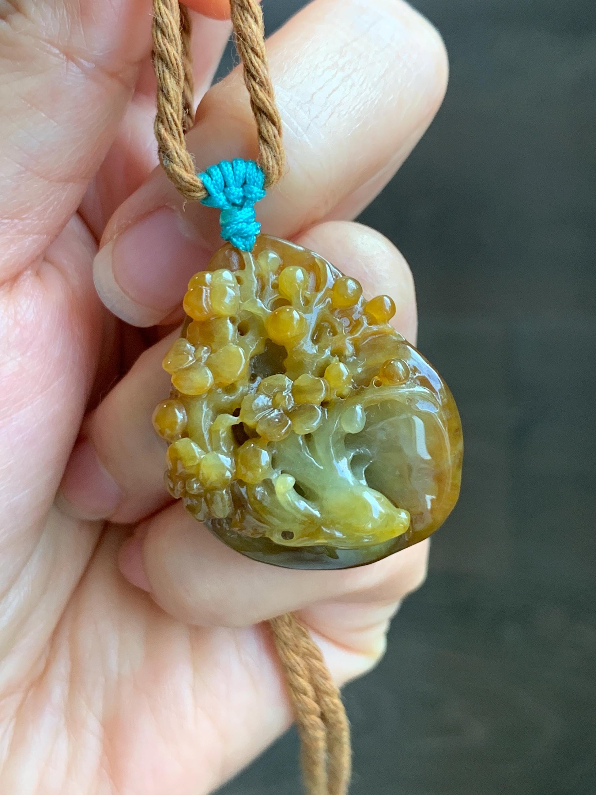 Certified Natural Grade A Icy Translucent Intense Dark Yellow Jade Jadeite Cherry Blossom Deer Pendant Rope Necklace 27” 天然冰红黄翡翠梅花鹿吊坠项链0745
