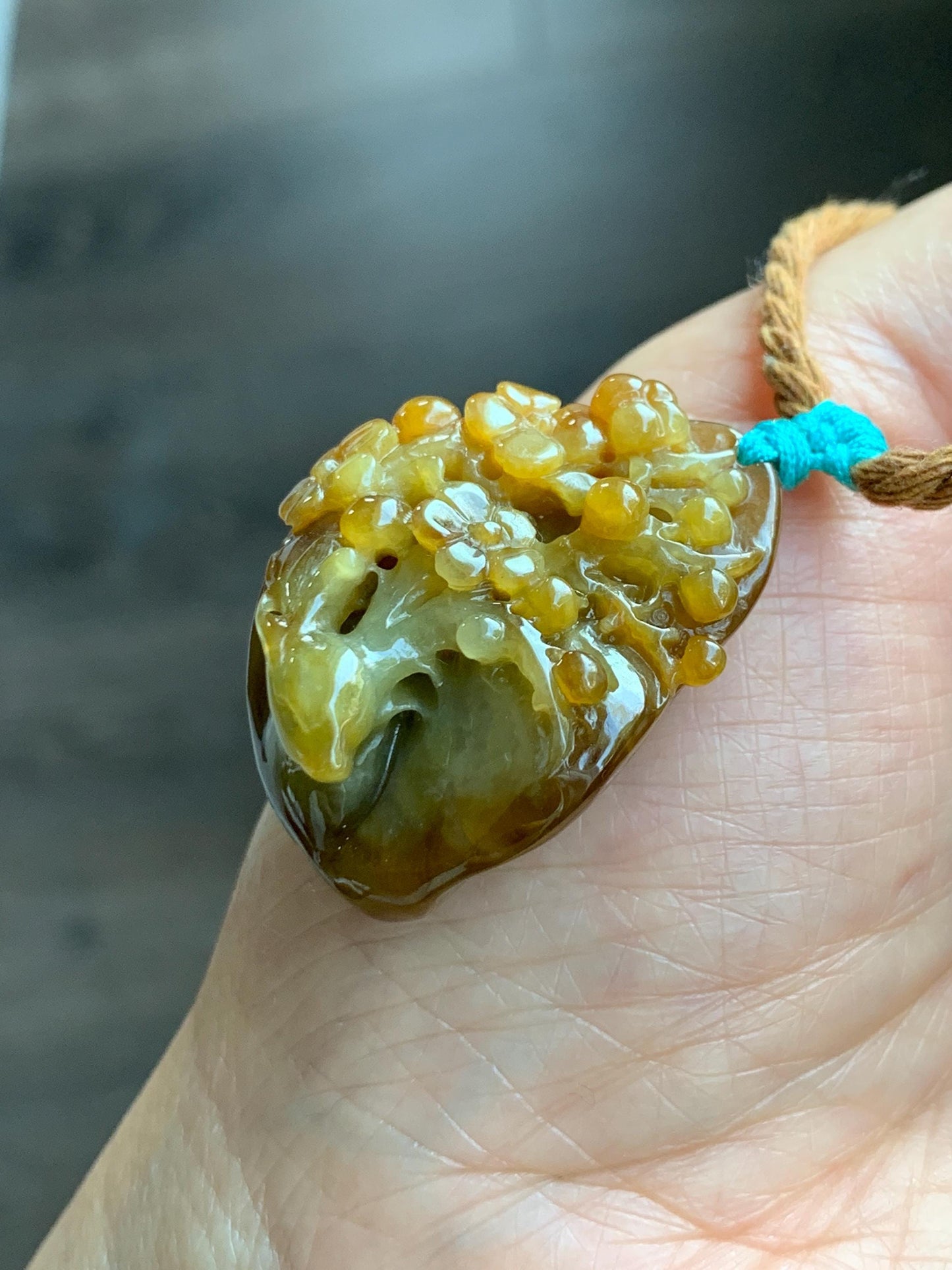 Certified Natural Grade A Icy Translucent Intense Dark Yellow Jade Jadeite Cherry Blossom Deer Pendant Rope Necklace 27” 天然冰红黄翡翠梅花鹿吊坠项链0745