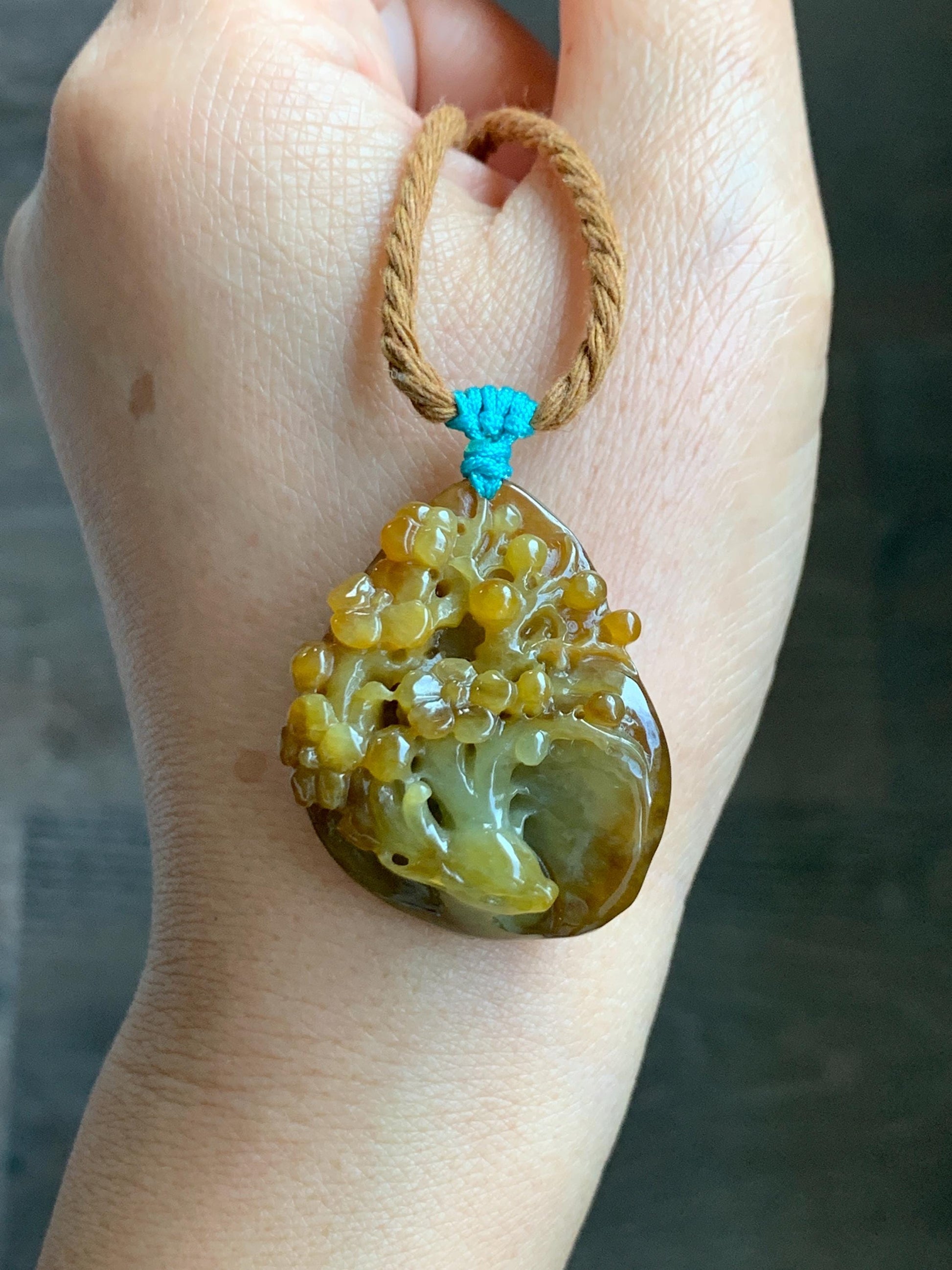 Certified Natural Grade A Icy Translucent Intense Dark Yellow Jade Jadeite Cherry Blossom Deer Pendant Rope Necklace 27” 天然冰红黄翡翠梅花鹿吊坠项链0745