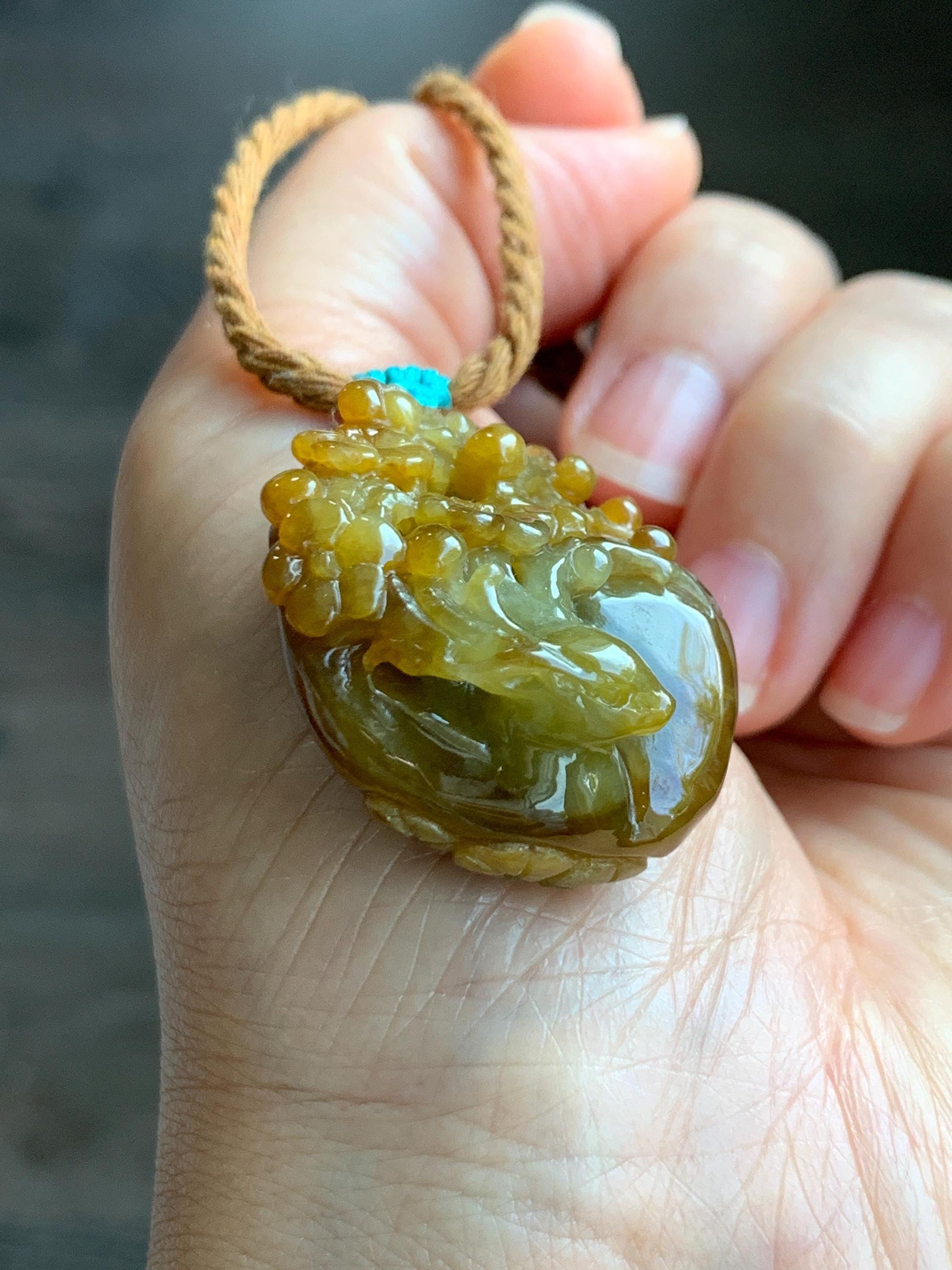 Certified Natural Grade A Icy Translucent Intense Dark Yellow Jade Jadeite Cherry Blossom Deer Pendant Rope Necklace 27” 天然冰红黄翡翠梅花鹿吊坠项链0745