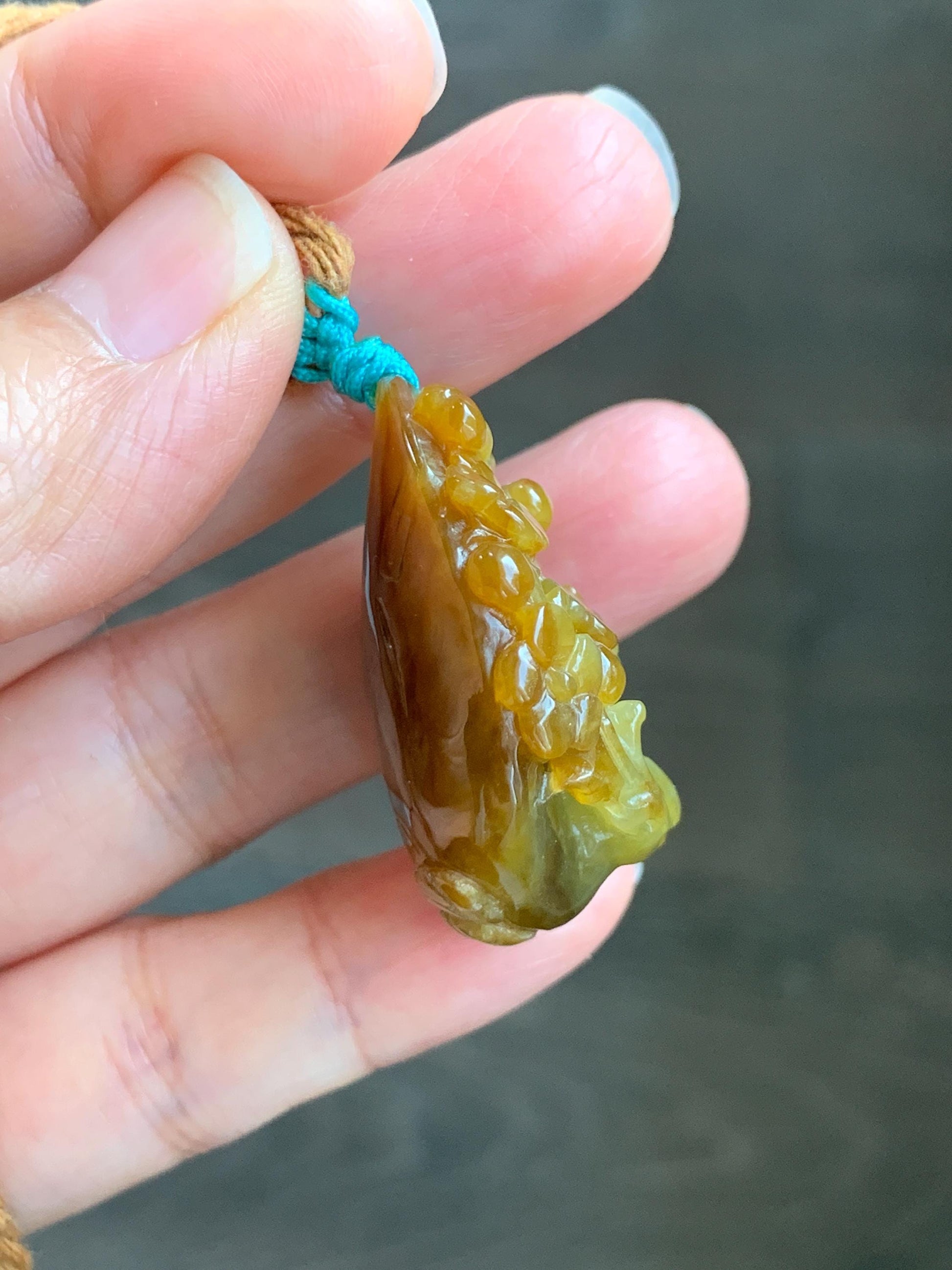 Certified Natural Grade A Icy Translucent Intense Dark Yellow Jade Jadeite Cherry Blossom Deer Pendant Rope Necklace 27” 天然冰红黄翡翠梅花鹿吊坠项链0745