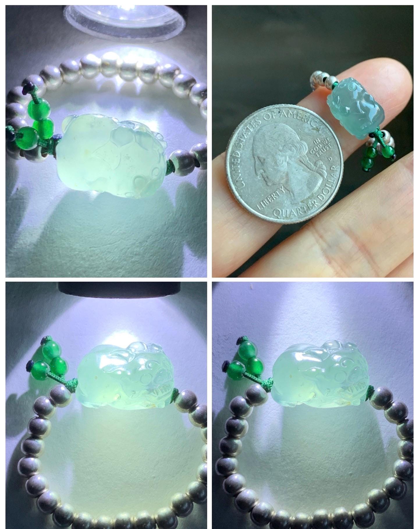 Natural Guatemalan Icy Highly Translucent Light Teal Jade Jadeite Petite Pixiu Sterling Silver Beaded Ring size 7.25 天然冰危浅蓝绿翡翠小貔貅银珠戒圈 QWX220