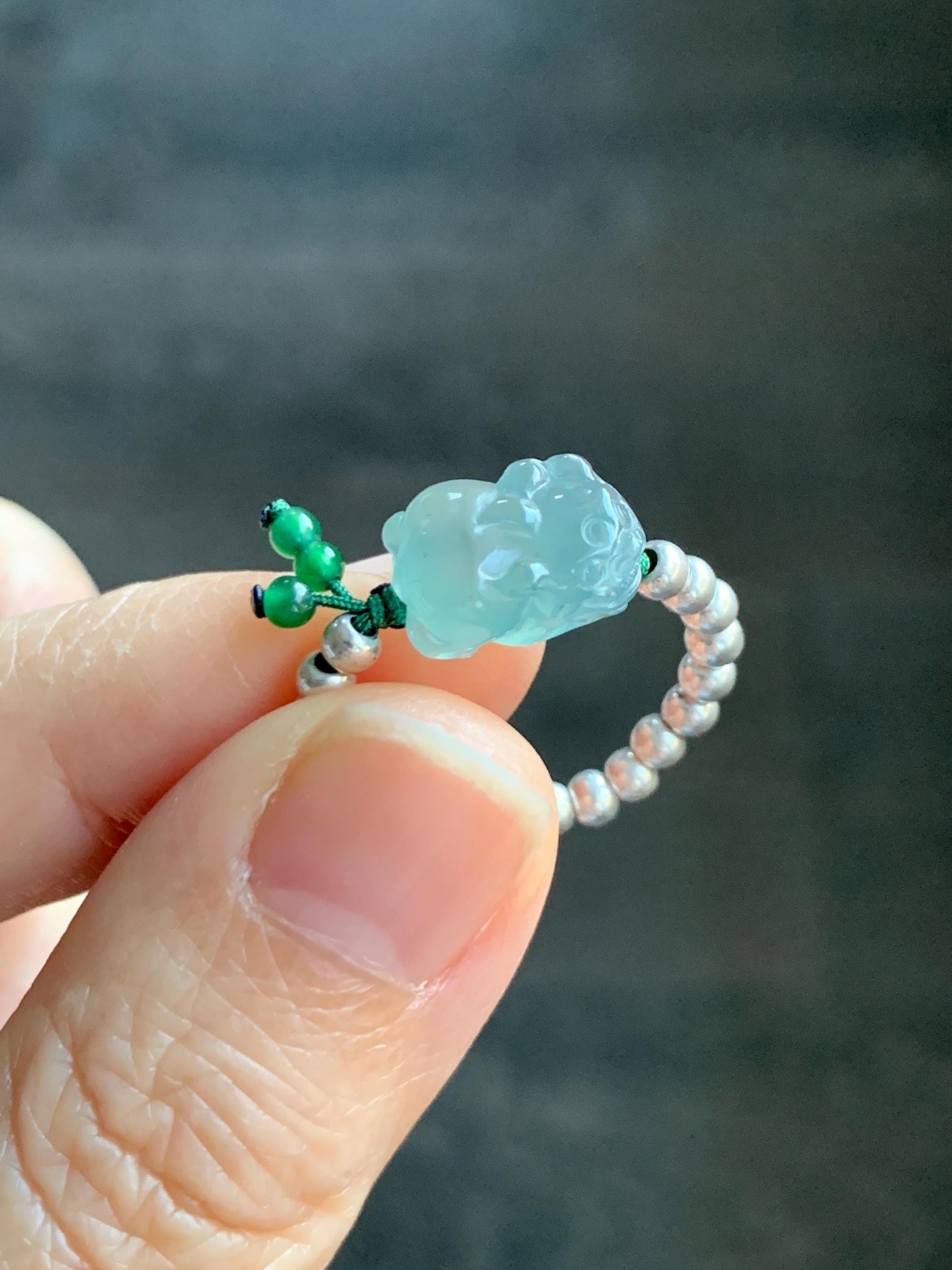 Natural Guatemalan Icy Highly Translucent Light Teal Jade Jadeite Petite Pixiu Sterling Silver Beaded Ring size 7.25 天然冰危浅蓝绿翡翠小貔貅银珠戒圈 QWX220