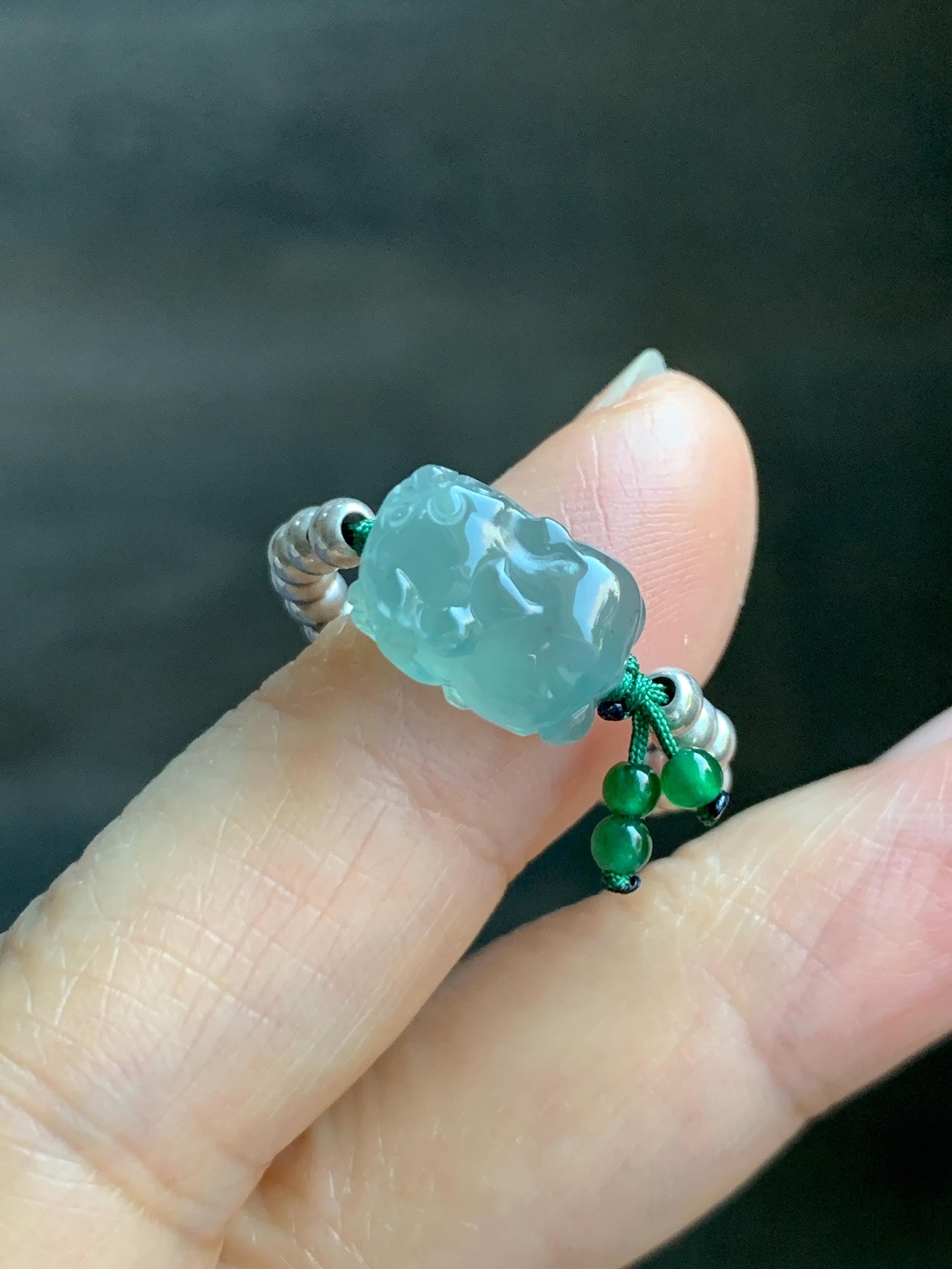 Natural Guatemalan Icy Highly Translucent Light Teal Jade Jadeite Petite Pixiu Sterling Silver Beaded Ring size 7.25 天然冰危浅蓝绿翡翠小貔貅银珠戒圈 QWX220