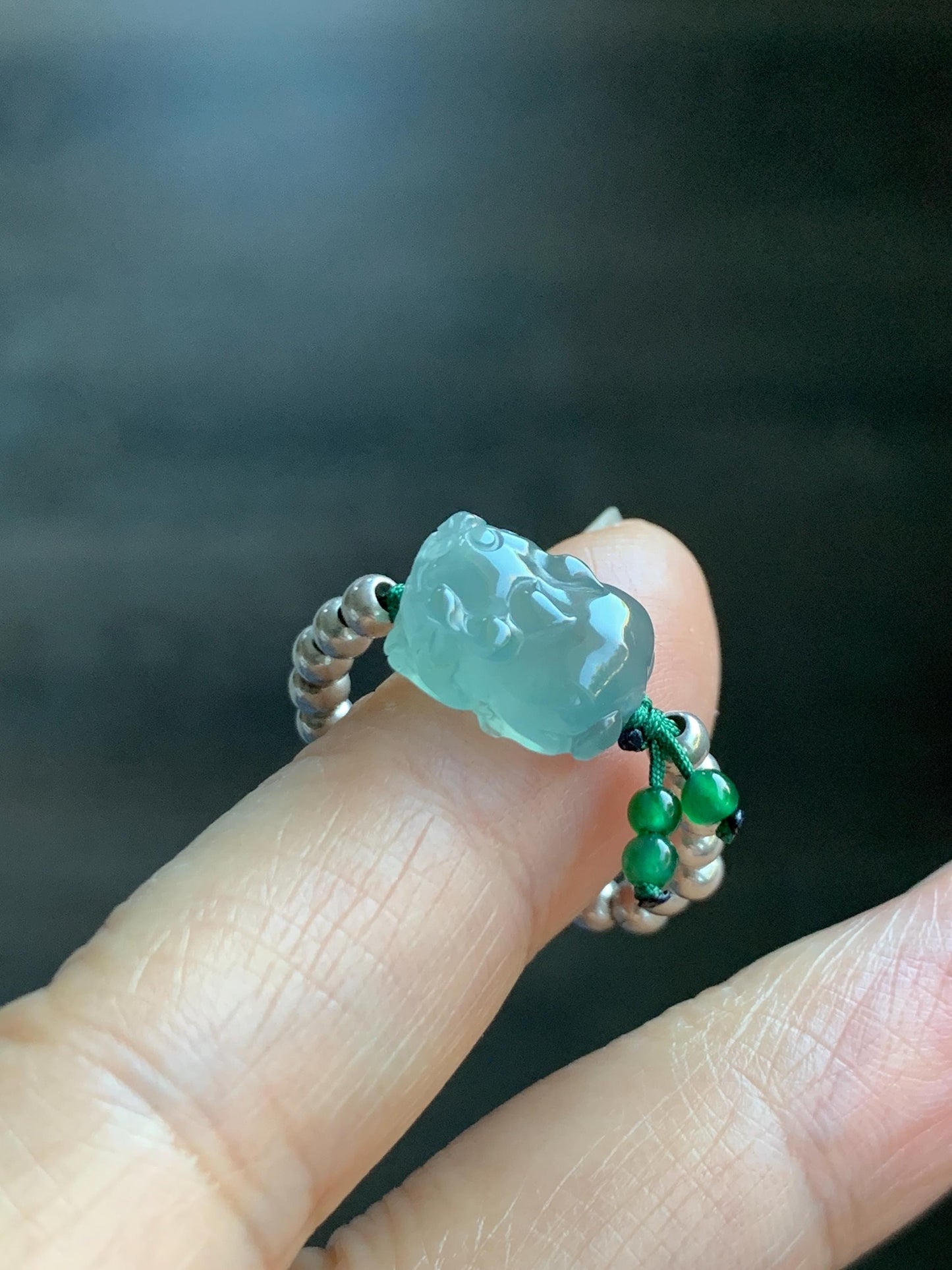 Natural Guatemalan Icy Highly Translucent Light Teal Jade Jadeite Petite Pixiu Sterling Silver Beaded Ring size 7.25 天然冰危浅蓝绿翡翠小貔貅银珠戒圈 QWX220