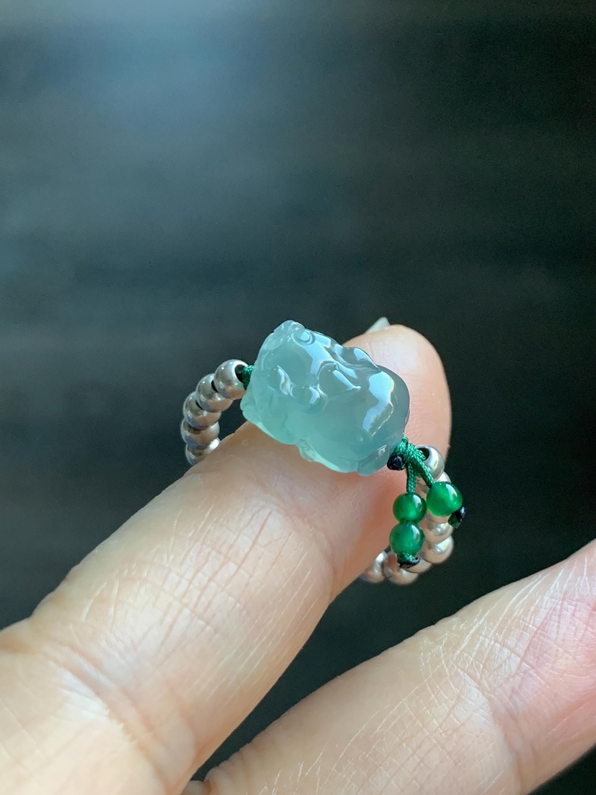 Natural Guatemalan Icy Highly Translucent Light Teal Jade Jadeite Petite Pixiu Sterling Silver Beaded Ring size 7.25 天然冰危浅蓝绿翡翠小貔貅银珠戒圈 QWX220