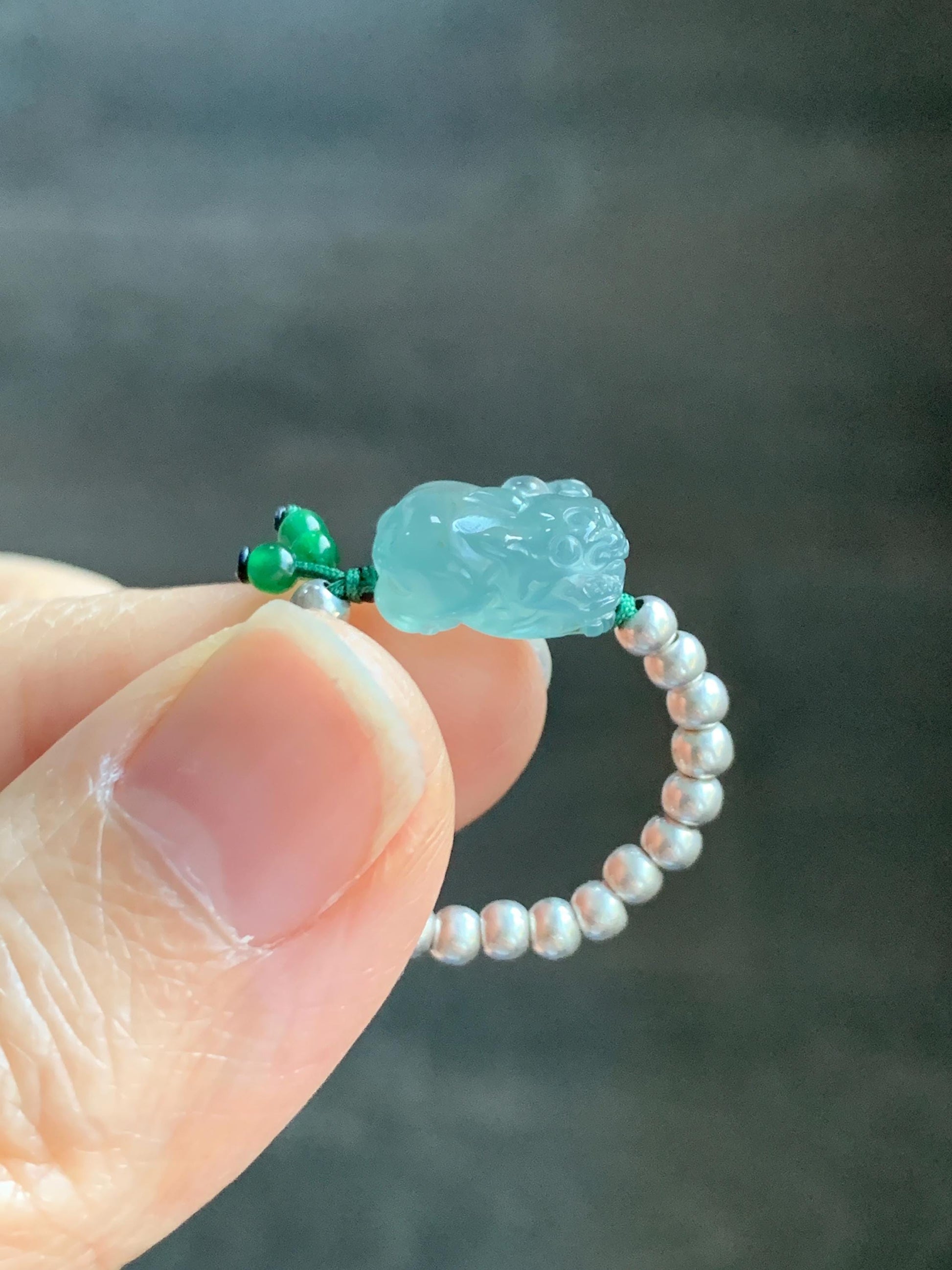 Natural Guatemalan Icy Highly Translucent Light Teal Jade Jadeite Petite Pixiu Sterling Silver Beaded Ring size 7.25 天然冰危浅蓝绿翡翠小貔貅银珠戒圈 QWX220