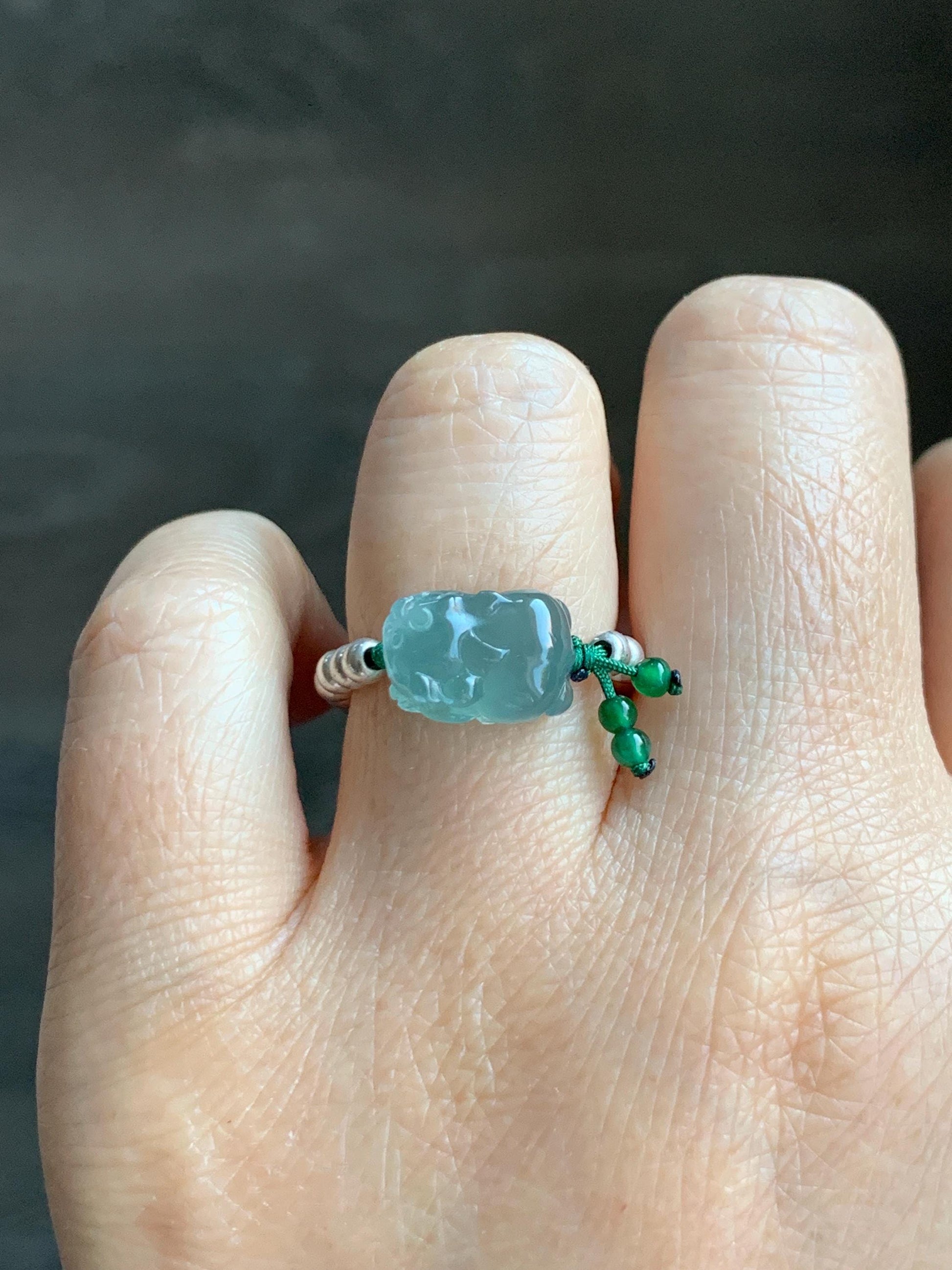 Natural Guatemalan Icy Highly Translucent Light Teal Jade Jadeite Petite Pixiu Sterling Silver Beaded Ring size 7.25 天然冰危浅蓝绿翡翠小貔貅银珠戒圈 QWX220