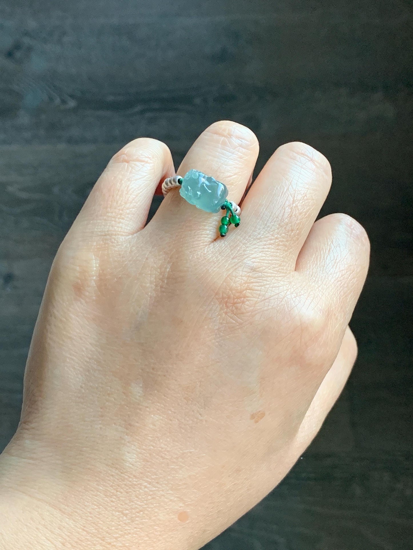 Natural Guatemalan Icy Highly Translucent Light Teal Jade Jadeite Petite Pixiu Sterling Silver Beaded Ring size 7.25 天然冰危浅蓝绿翡翠小貔貅银珠戒圈 QWX220