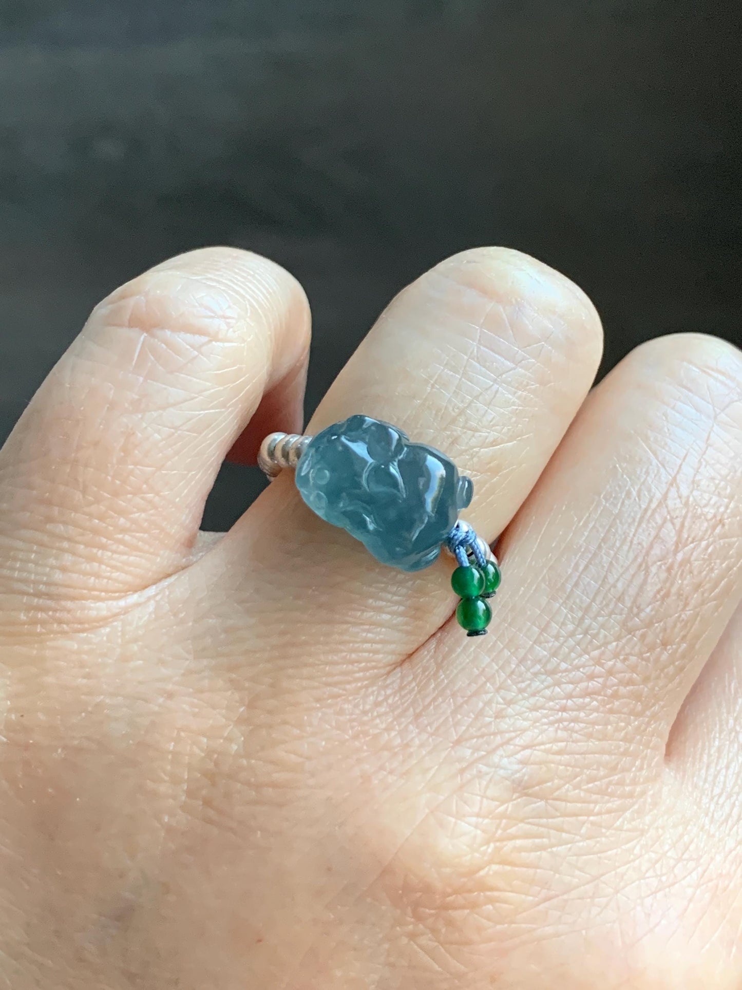 Natural Guatemalan Icy Highly Translucent Aegean Blue Jade Jadeite Petite Pixiu Sterling Silver Beaded Ring size 7.5 天然冰危牛仔蓝翡翠小貔貅银珠戒圈 SWX220