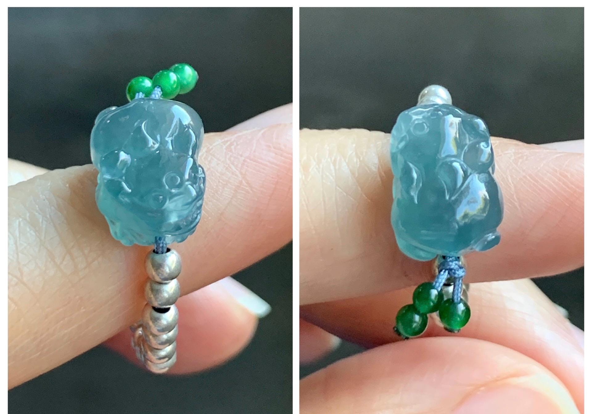 Natural Guatemalan Icy Highly Translucent Aegean Blue Jade Jadeite Petite Pixiu Sterling Silver Beaded Ring size 7.5 天然冰危牛仔蓝翡翠小貔貅银珠戒圈 SWX220