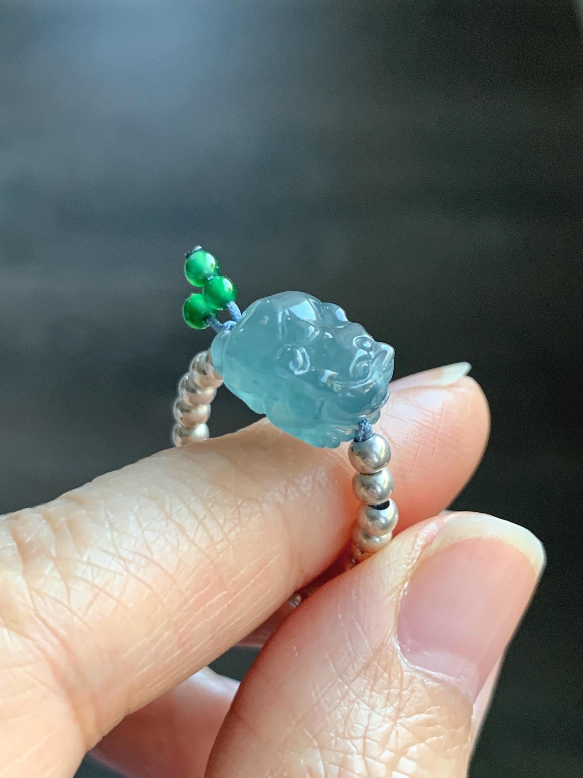 Natural Guatemalan Icy Highly Translucent Aegean Blue Jade Jadeite Petite Pixiu Sterling Silver Beaded Ring size 7.5 天然冰危牛仔蓝翡翠小貔貅银珠戒圈 SWX220